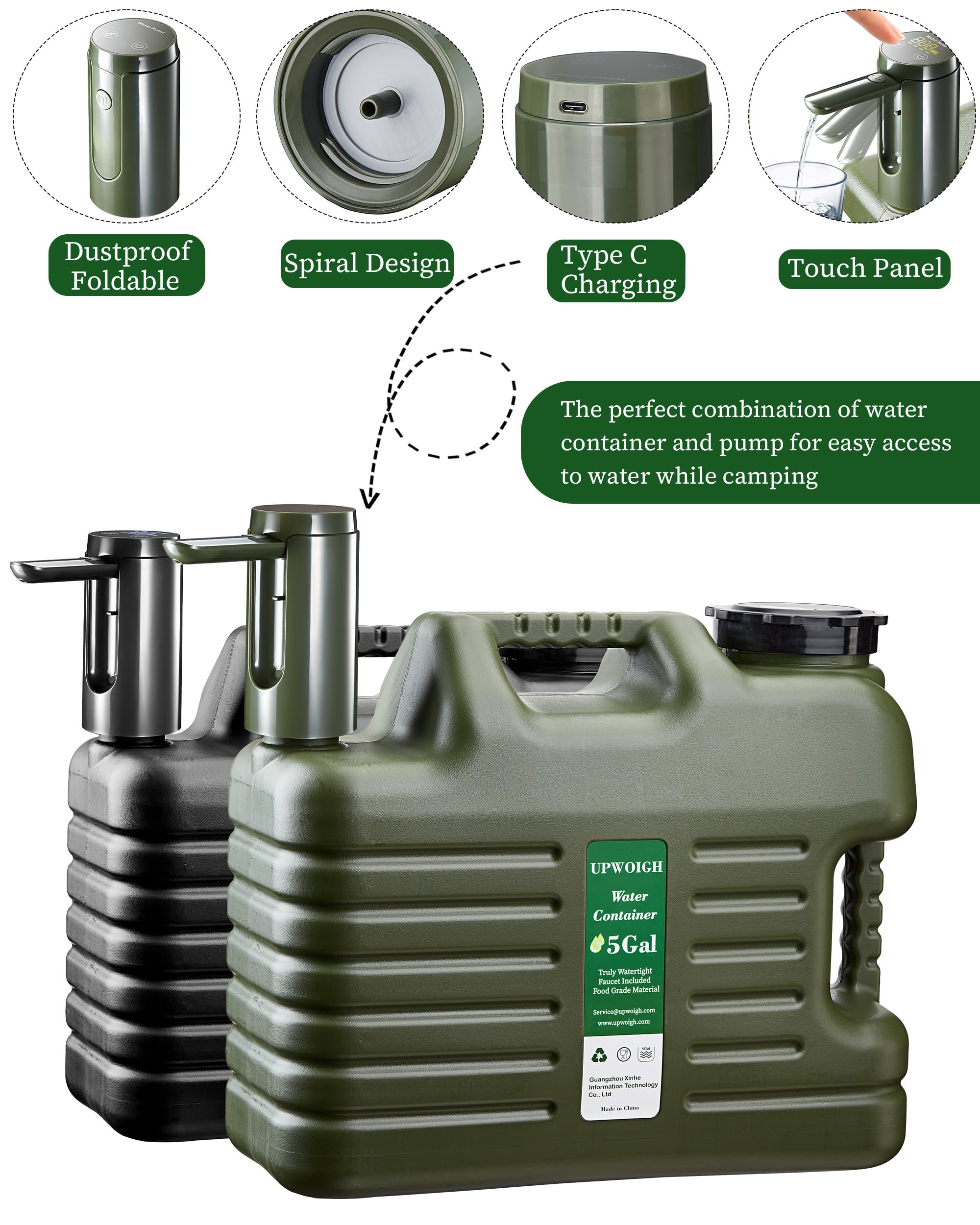 Portable 5 Gallon Water Jug With Automatic Touch Control Pump,Truly No Leakage Water Container With Spigot,Type-C Rechargeable M