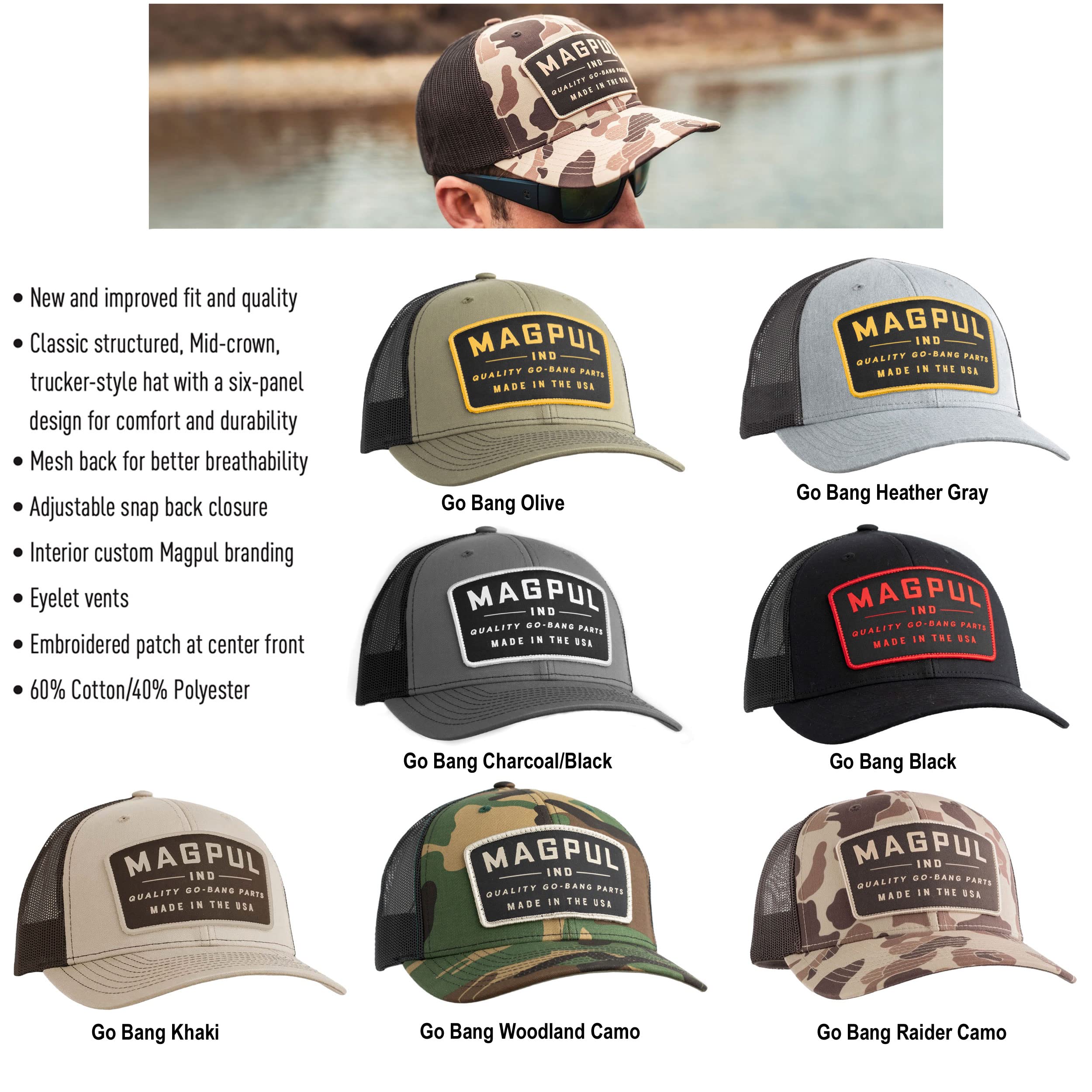 Magpul Trucker Hat Snap Back Baseball Cap, One Size Fits Most, Go Bang Olive