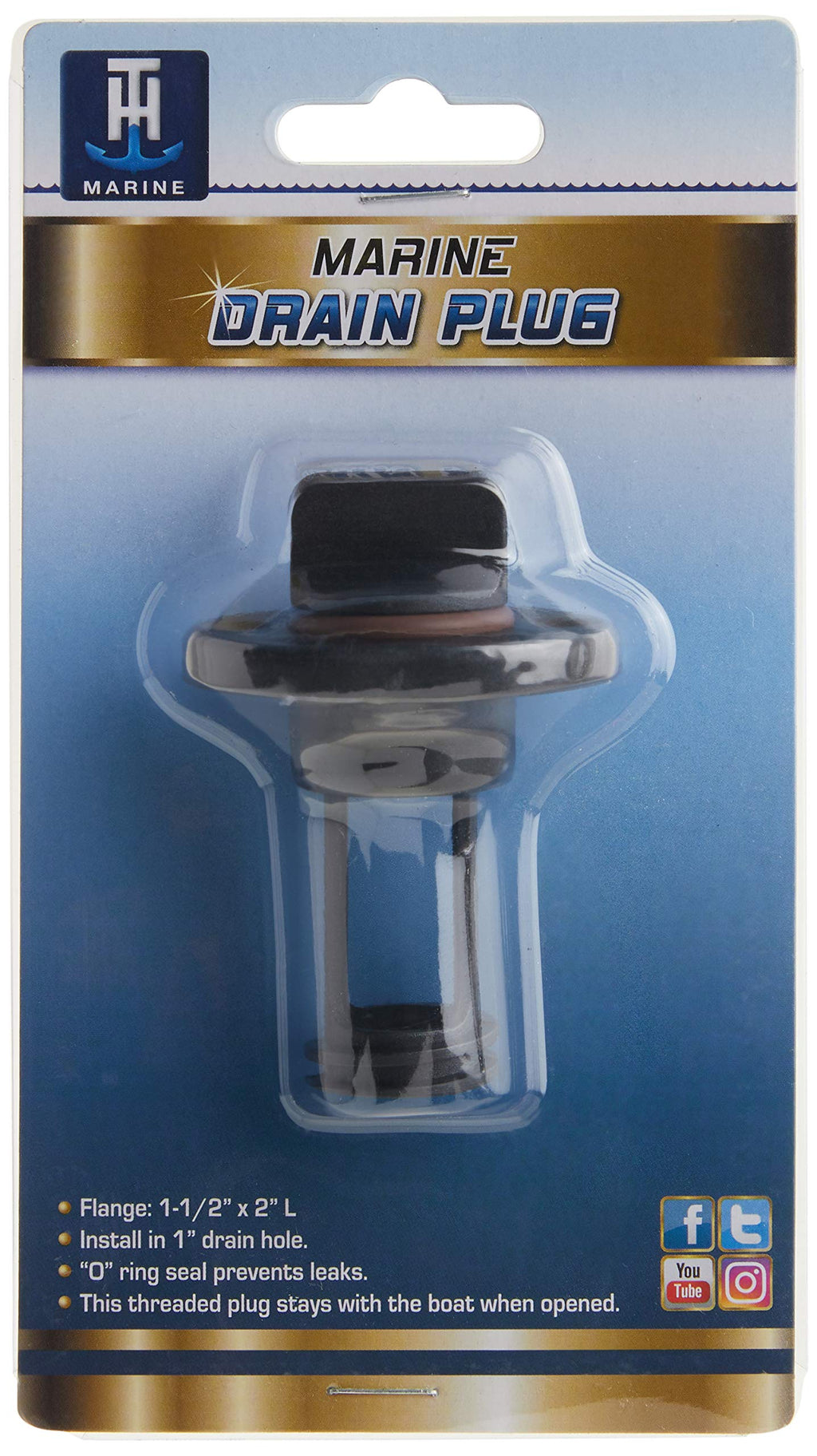 T-H Marine Dp-1-Dp Self-Retaining Boat Transom Drain Plug - Black