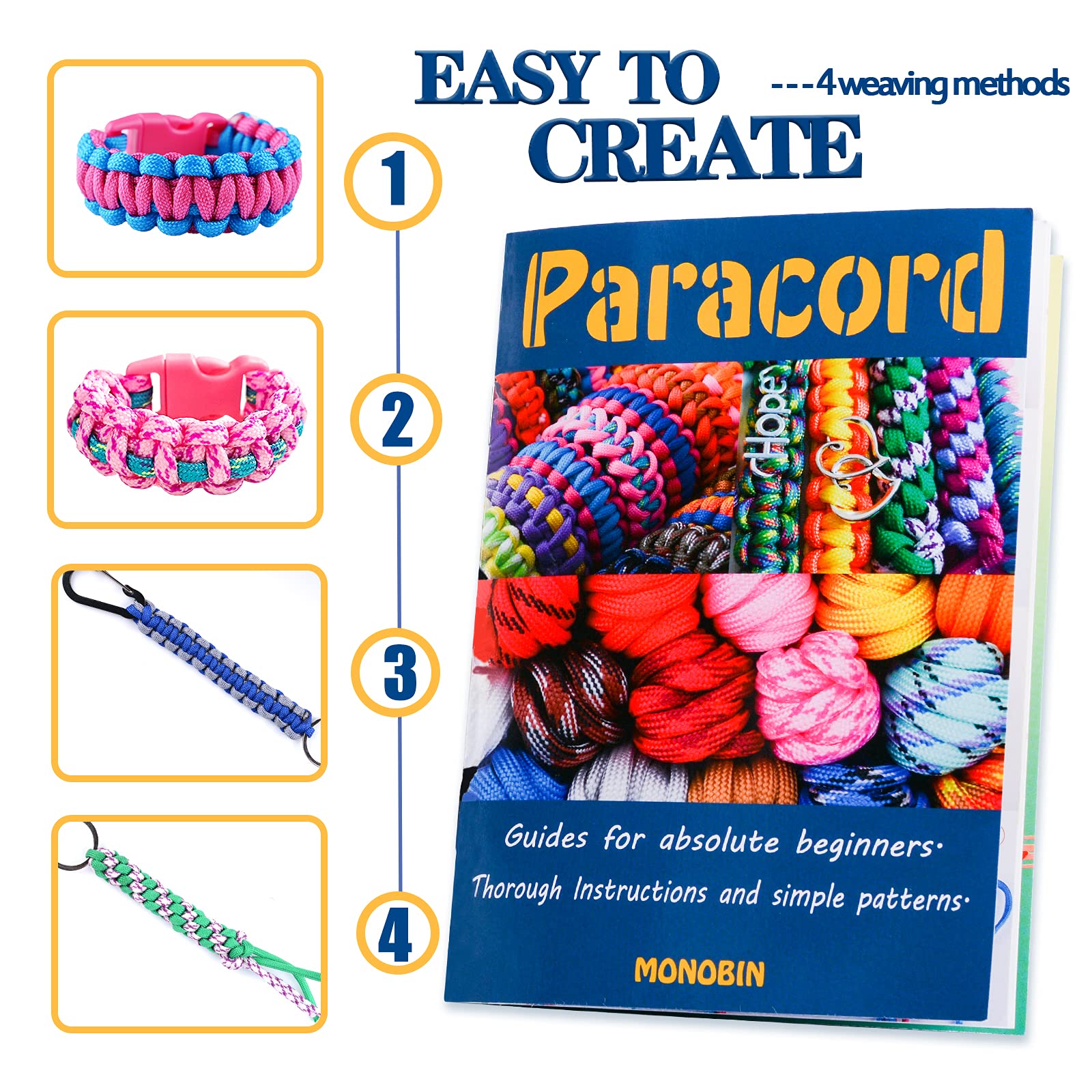 Monobin Paracord, 550 Paracord Combo Kit With Instruction Book - 36 Colors Multifunction Paracord Ropes And Complete Accessories