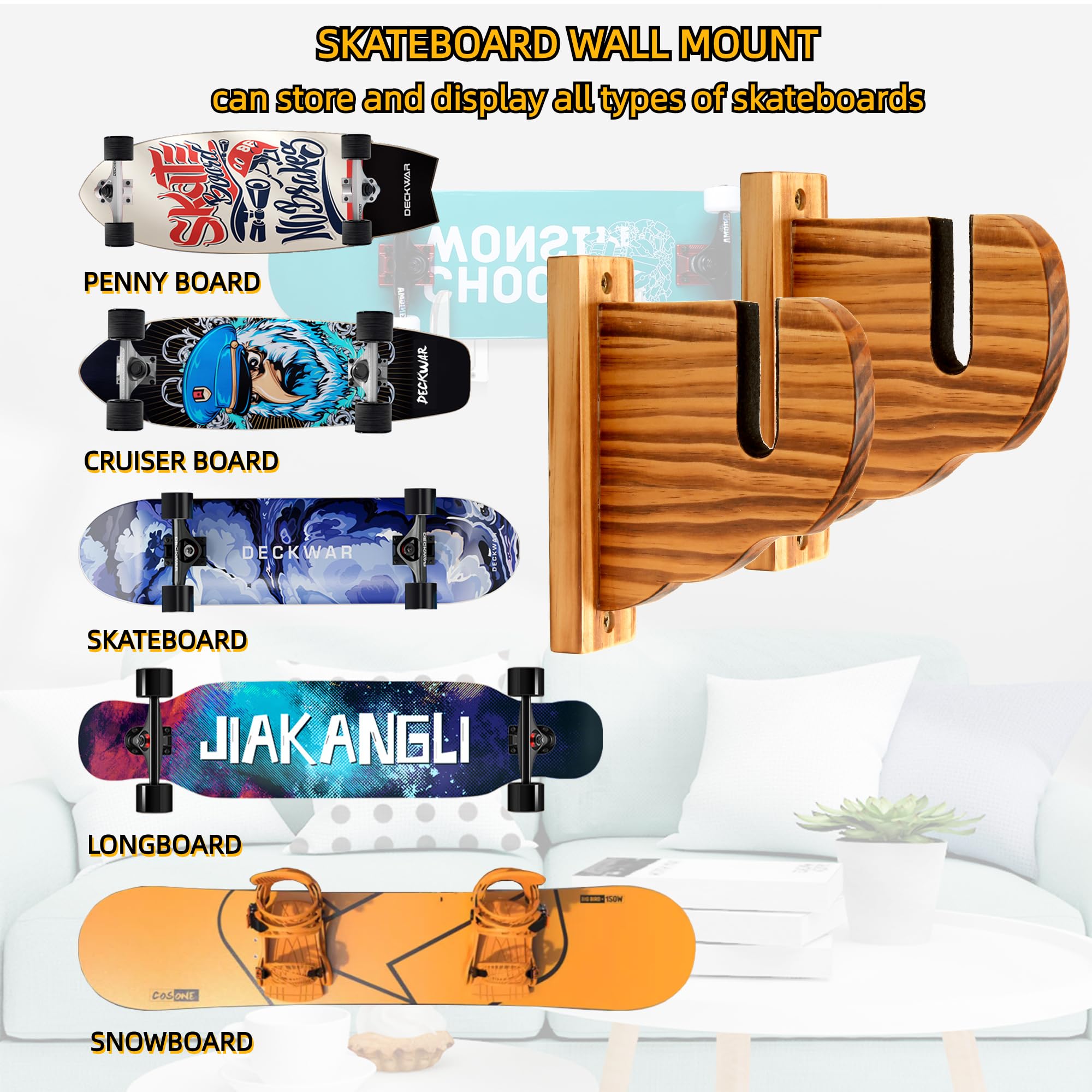 Bijun Skateboard Wall Mount, Snowboard Wall Mount, Horizontal Skateboards Display Rack, Longboard Skateboard Storage Hanger Stan