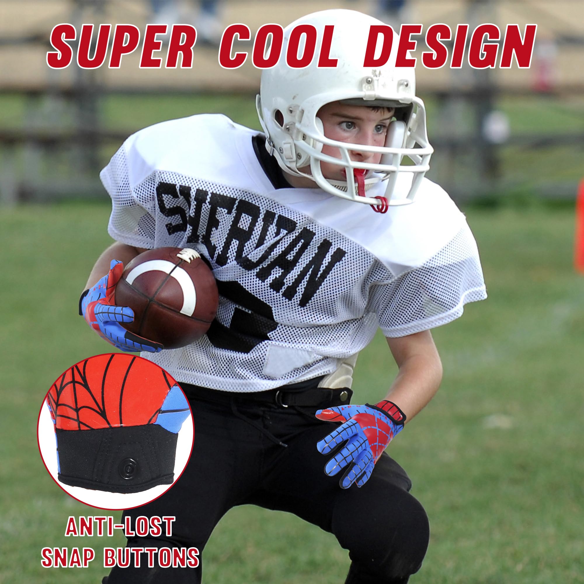 AIGEVTURE Youth Football Gloves Kids Inspired Receiver Gloves Boys Girls Unmatched Grip Comfort Blue and Red X-Large