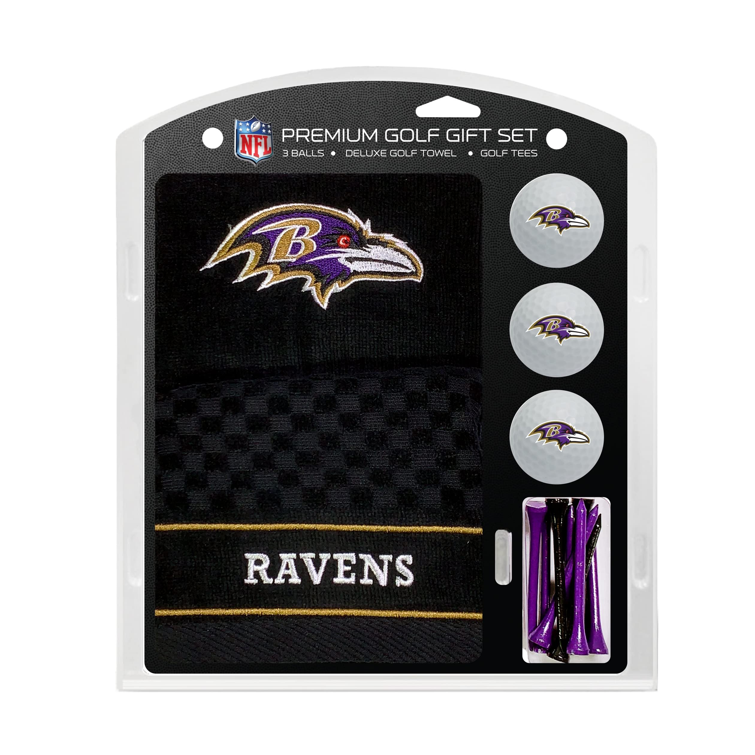 Team Golf Nfl Baltimore Ravens Gift Set: Embroidered Golf Towel, 3 Golf Balls, And 14 Golf Tees 2-3/4'' Regulation, Tri-Fold Tow