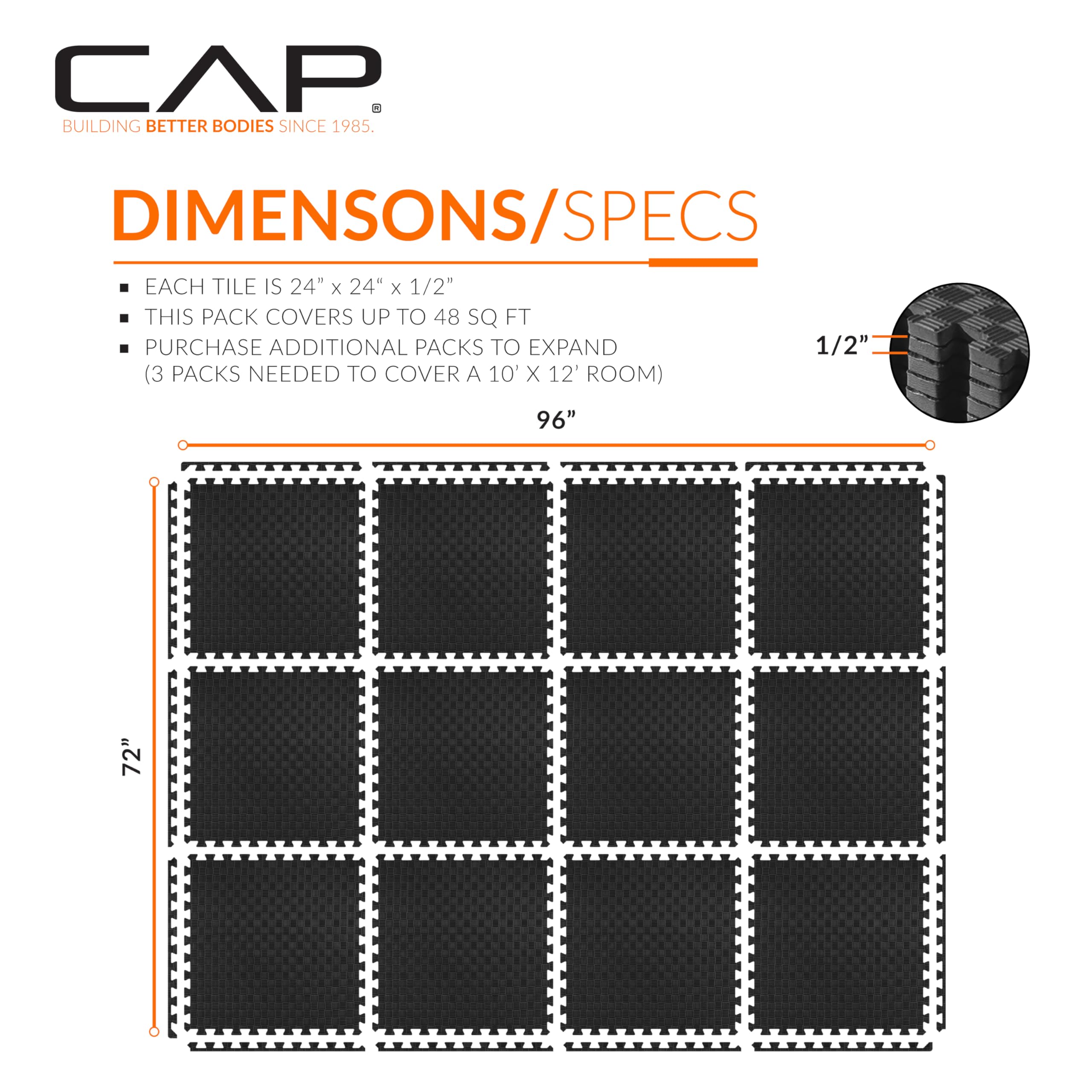 Cap Barbell 1/2 Interlocking Eva Foam Exercise Puzzle Mats - 2 Pack | 24'' X 24'' X 1/2'' | Tatami Pattern - Black