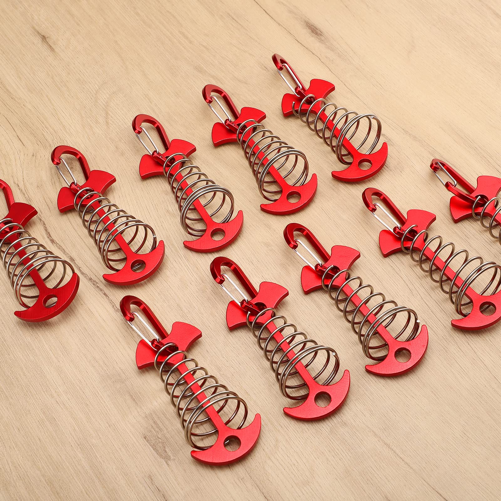 Tobwolf 10Pcs Red Deck Anchor Pegs With Carabiners, Windproof Aluminum Deck Tie Down Spring Tent Stakes, Camping Outdoor Fishbon