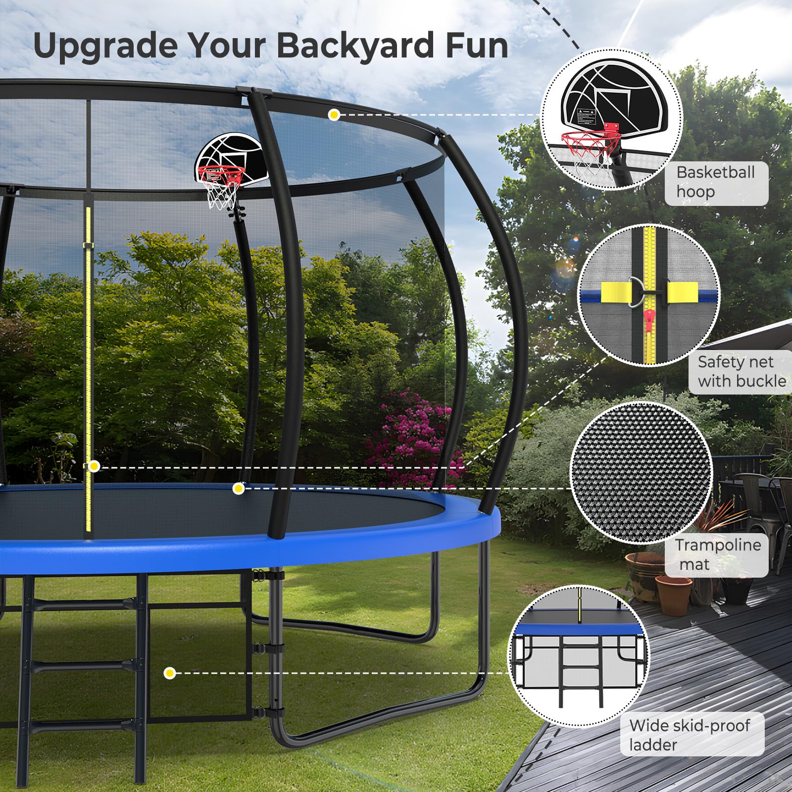 Lyromix 14FT Outdoor Trampolines for Kids and Adults, Pumpkin Trampolin with Curved Poles, Recreational Trampolin with Basketbal