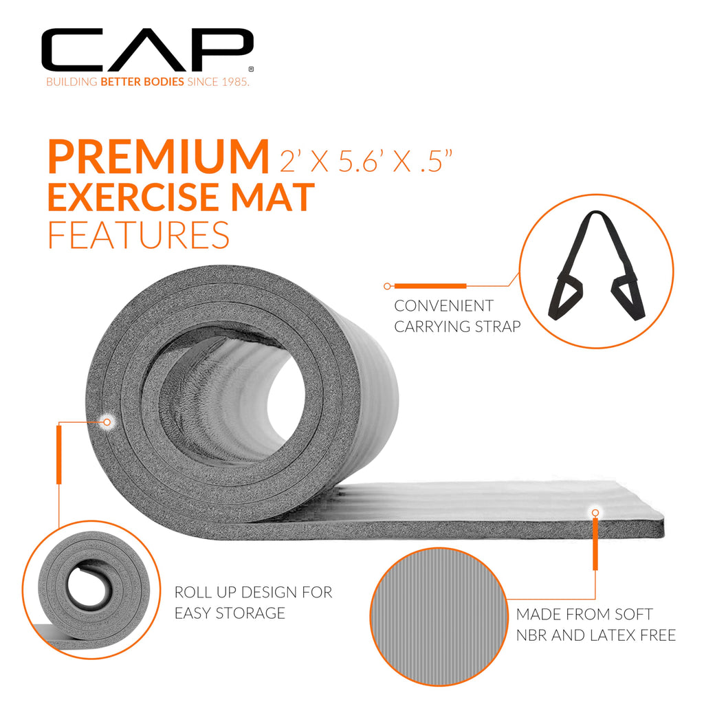 Cap Barbell High Density Exercise Mat With Strap, 68''X24'' 12Mm - Gray
