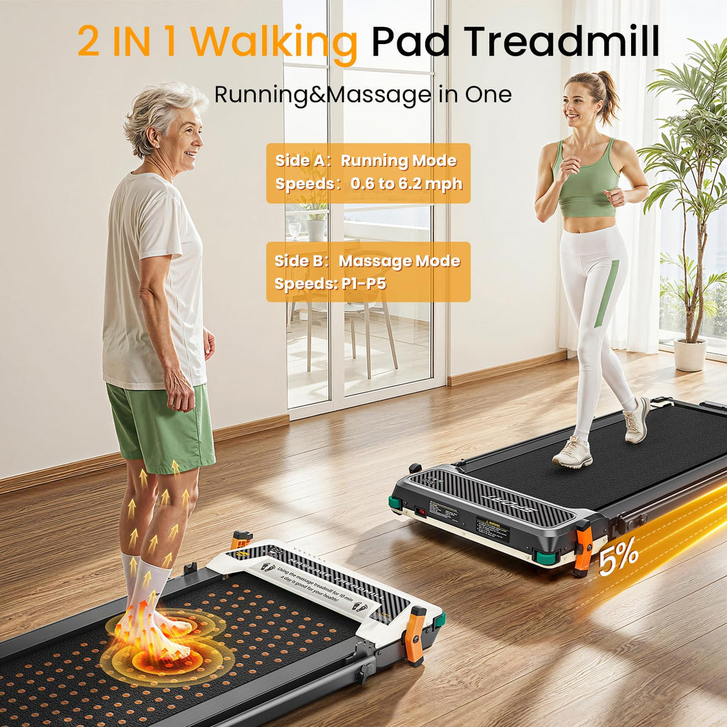 2 Side Walking Pad With Incline, Finehorse 2 In 1 Under Desk Walking Pad With Handle Bar And Foot Massager Treadmills For Home/O