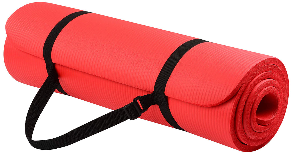 Fitvids All Purpose 1/2-Inch Extra Thick High Density Anti-Tear Exercise Yoga Mat With Carrying Strap And Yoga Blocks, Red