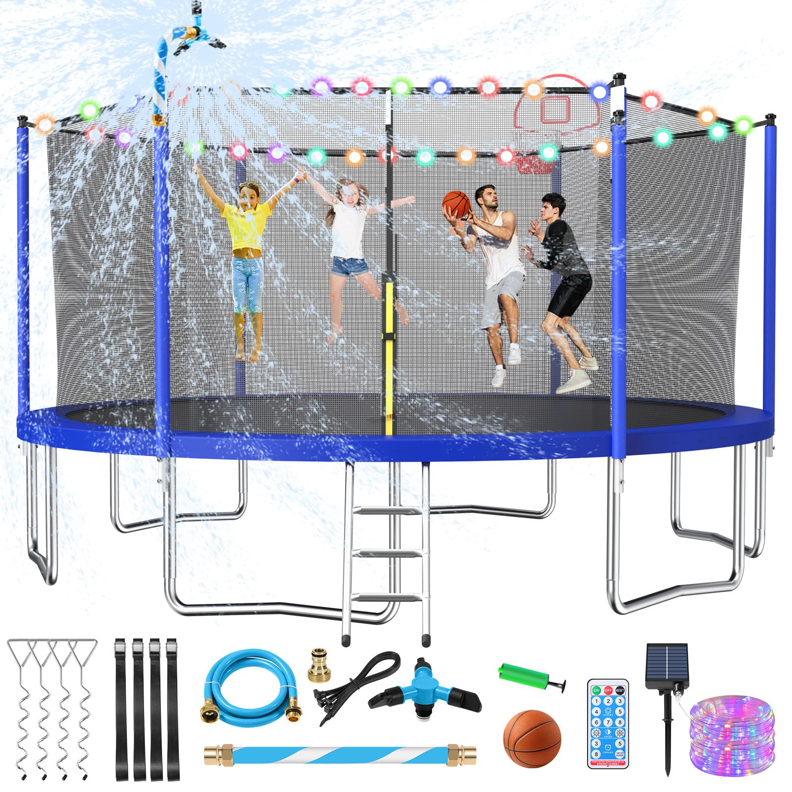 Lyromix Upgraded 14FT Trampoline for Kids and Adults, Large Outdoor Trampoline with Basketball Hoop, Stakes, Light, Sprinkler, C