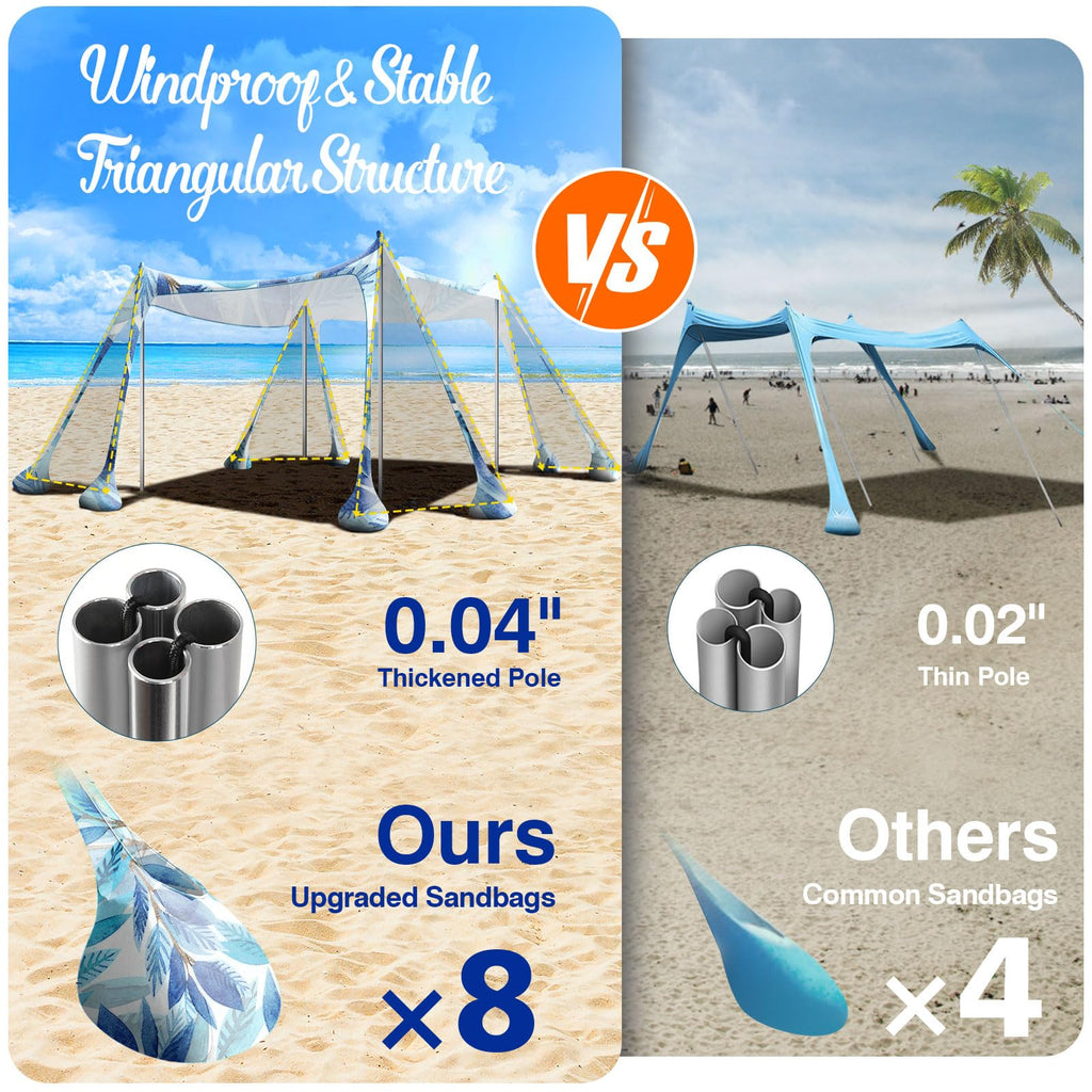 Rhino Valley Beach Tent,10X10 Ft Beach Shade Upf50+ Protection,Beach Canopy With 8 Sandbags 4 Stability Poles,Outdoor Beach Tent