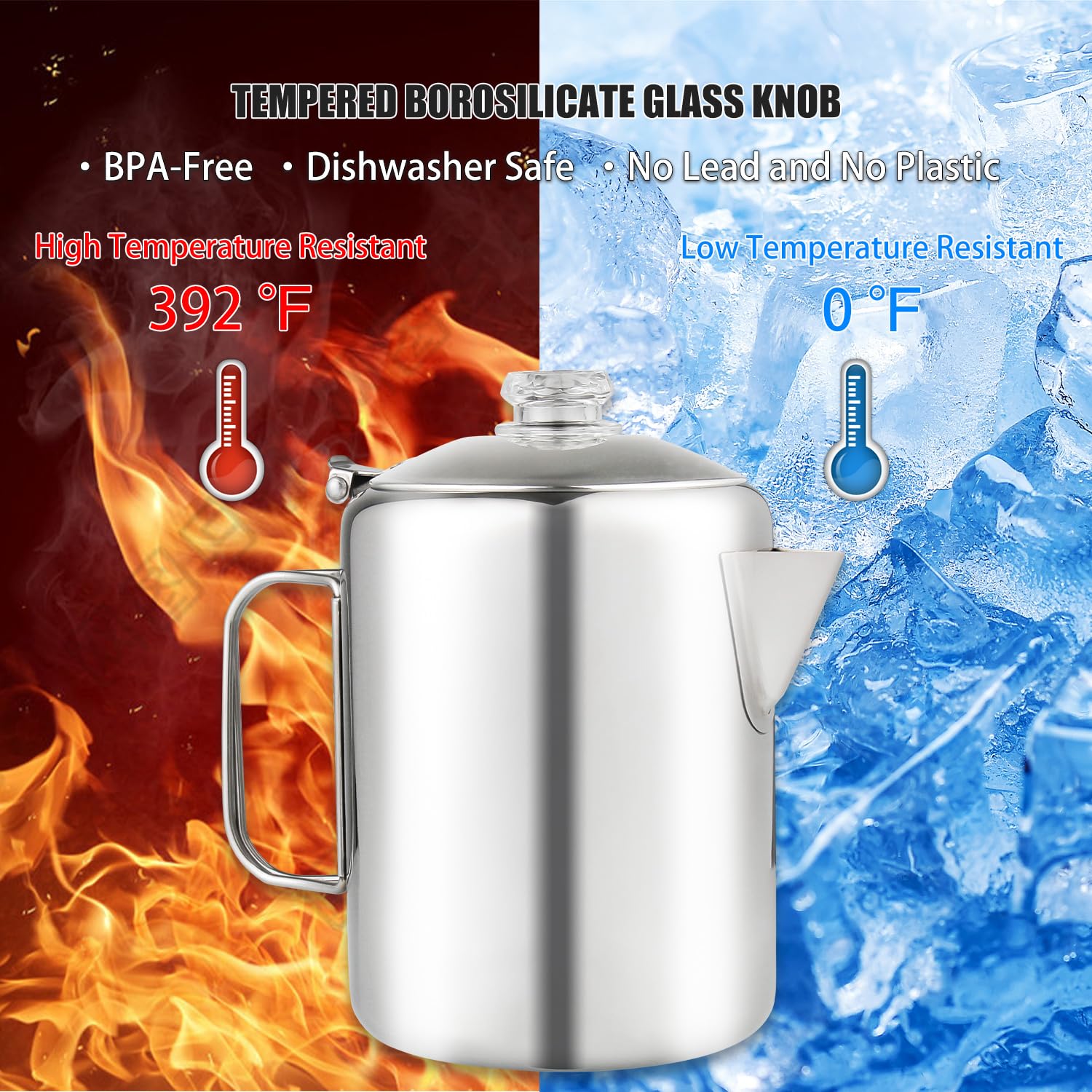 Apoxcon Coffee Percolator Bundle With 2 Mugs Stainless Steel Coffee Maker With Heat Resistant Tough Glass Knob & Foldable Handle