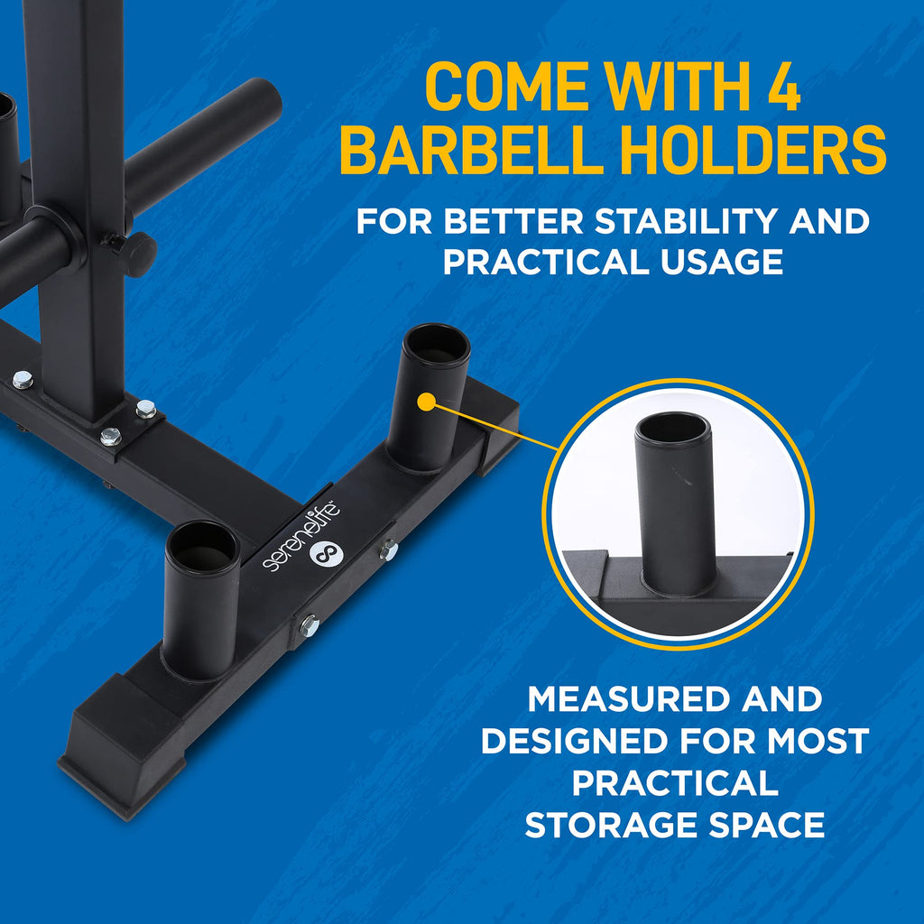 SereneLife 6-Pegs Olympic Weight Plate Rack & 4 Barbells - 800 Pounds Capacity, Heavy Duty Gym Organizer, Scratch Resistant Fram