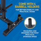 SereneLife 6-Pegs Olympic Weight Plate Rack & 4 Barbells - 800 Pounds Capacity, Heavy Duty Gym Organizer, Scratch Resistant Fram