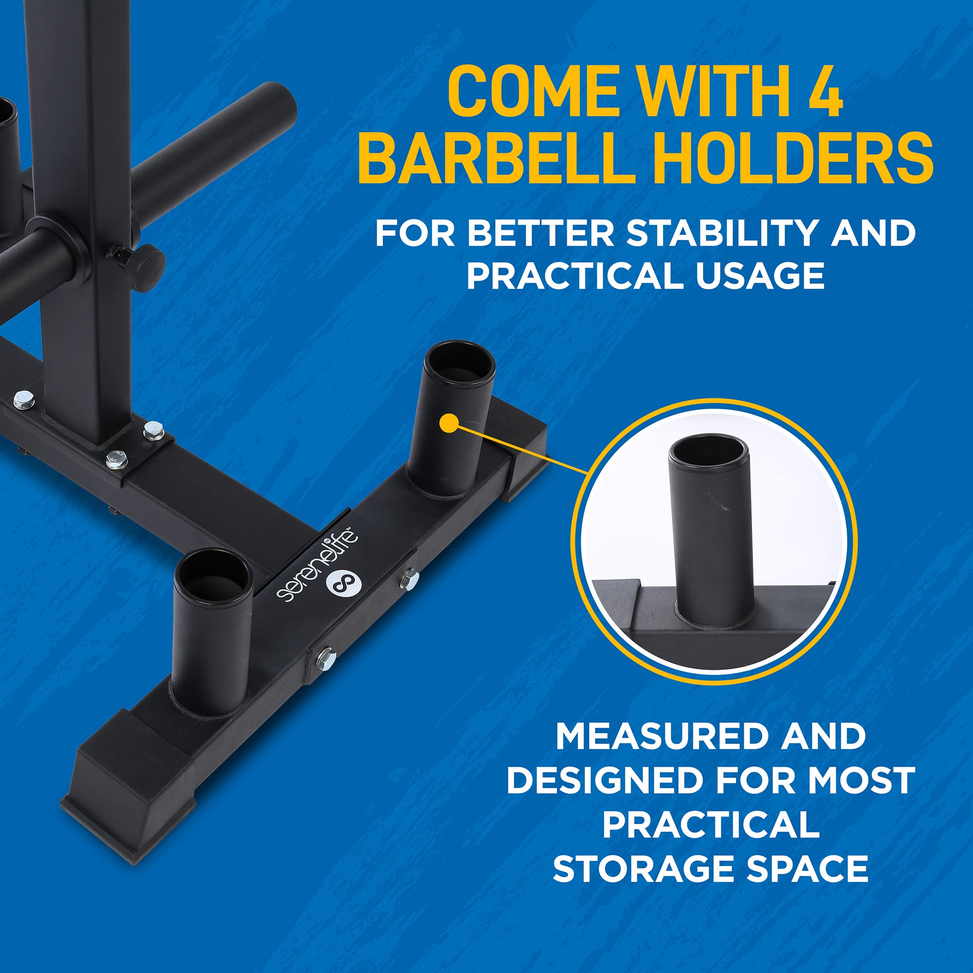SereneLife 6-Pegs Olympic Weight Plate Rack & 4 Barbells - 800 Pounds Capacity, Heavy Duty Gym Organizer, Scratch Resistant Fram