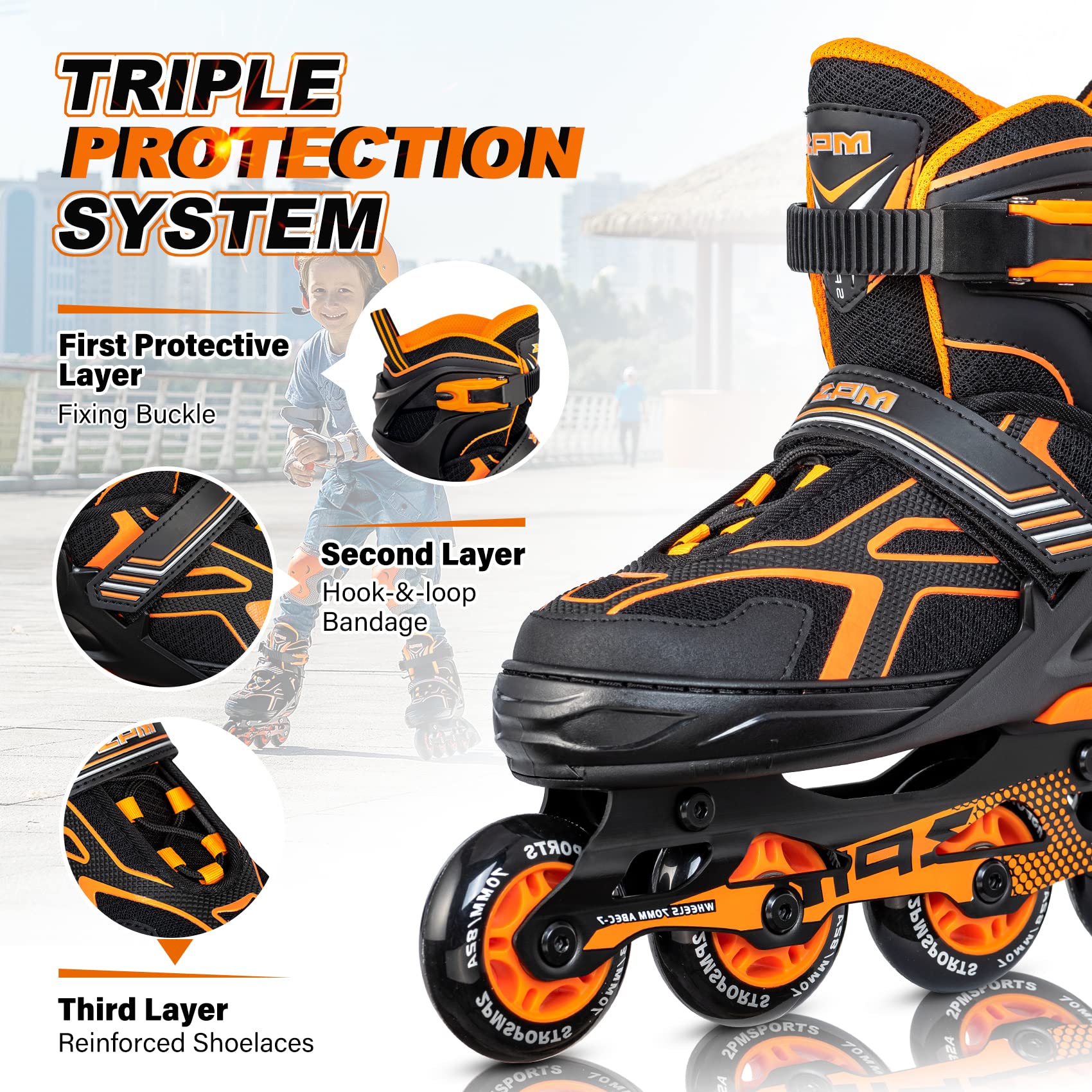2Pm Sports Torinx Boys Adjustable Inline Skates, Fun Beginner Roller Skates For Kids, Youth, Girls, Men And Women - Orange Large