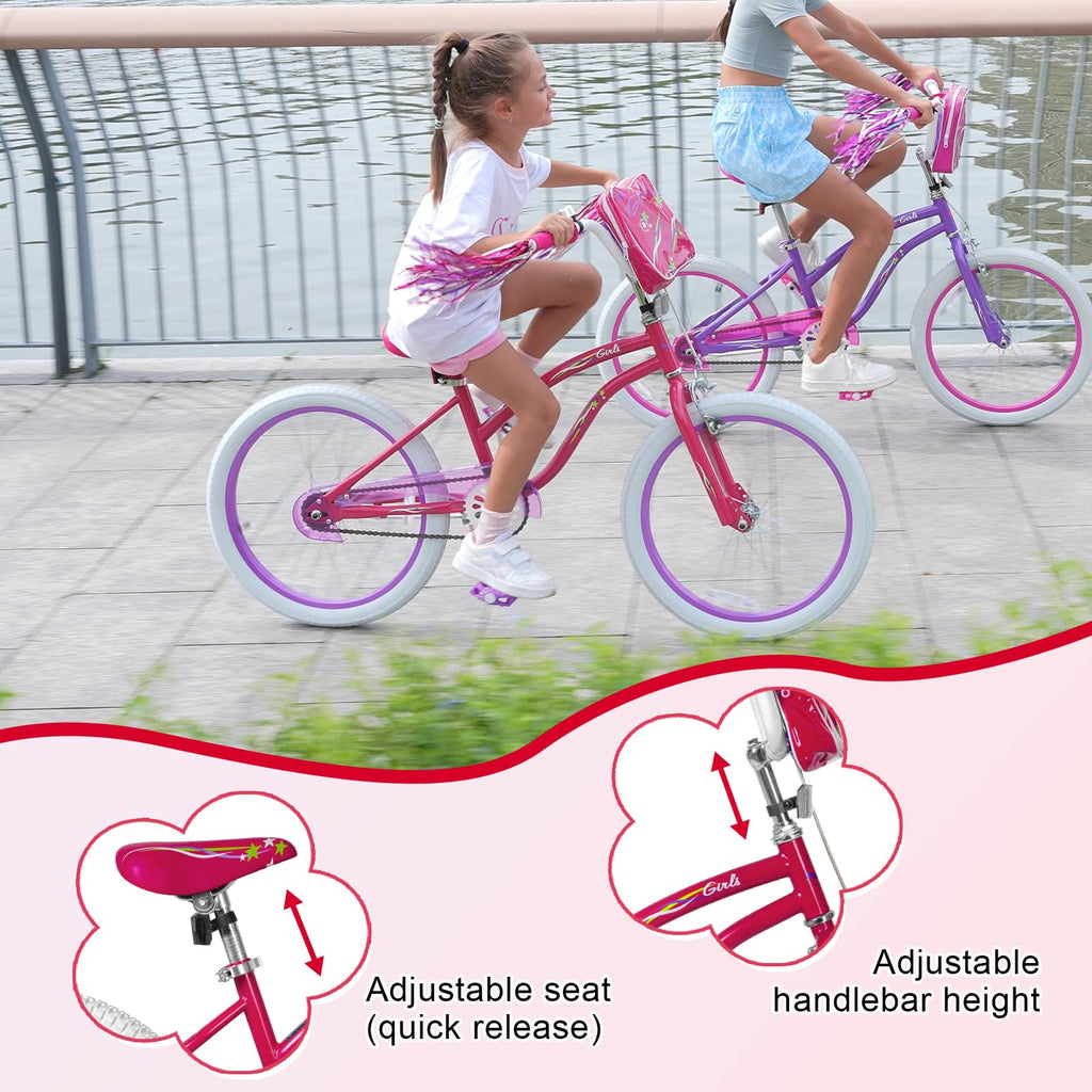 Weize Girls Bike For 6-12 Years Old Kids, 20 Inch Kids Bike With Training Wheels, Streamers, Basket And Doll Seat, Children Bicy