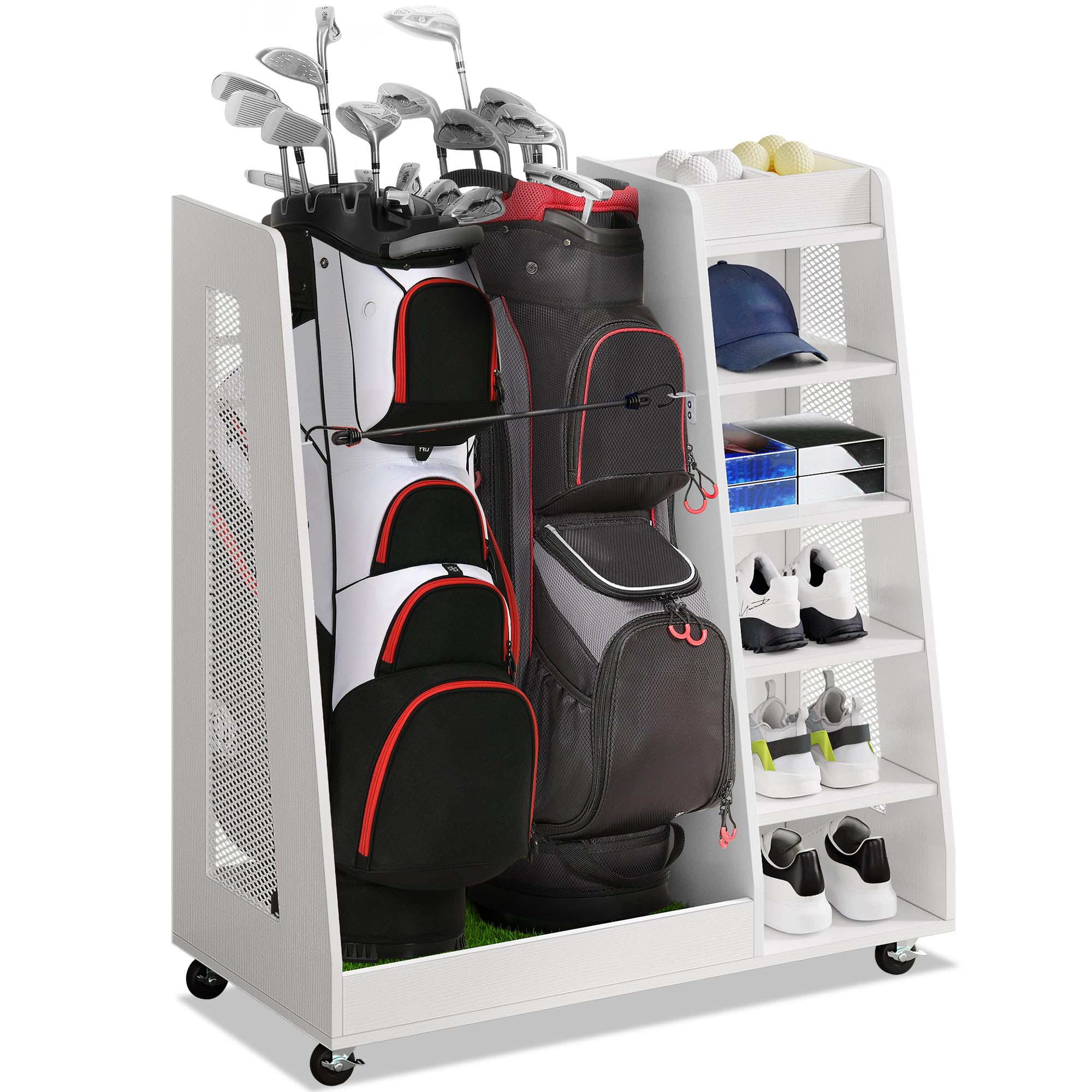 Dwvo Golf Bag Organizer For Garage, Wooden 2 Golf Bag Stand Holder With Wheels, Golf Storage Organizer For Golf Bags, Clubs, Bal