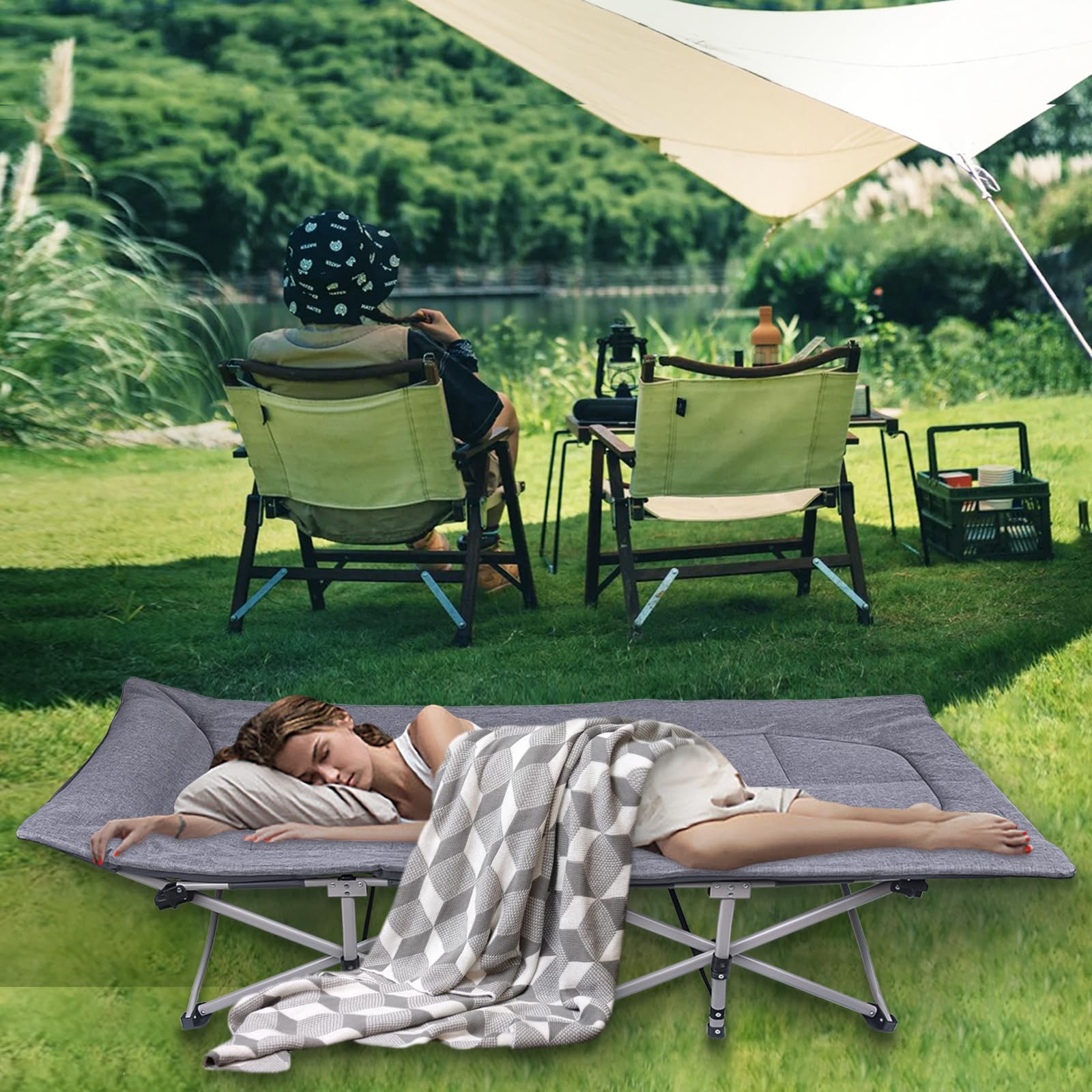 Kako Camping Cots For Adults, Folding Camping Cot, Portable Cots For Adults, Camping Beds For Adults Heavy Duty 600 Lbs(Max Load