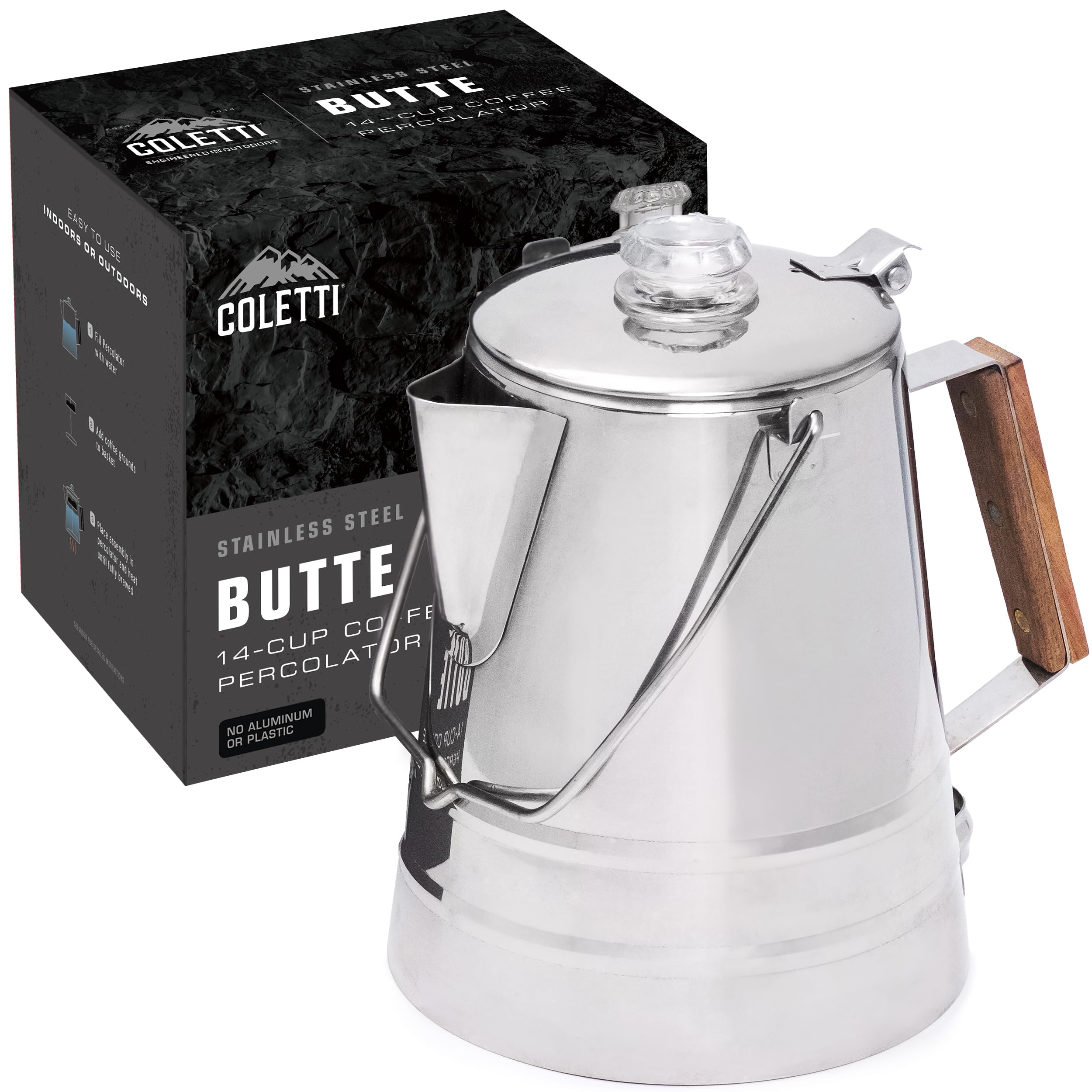 Coletti Butte Camping Coffee Pot - Campfire Coffee Pot - Stainless Steel Coffee Maker For Outdoors Or Stovetop (14 Cup)