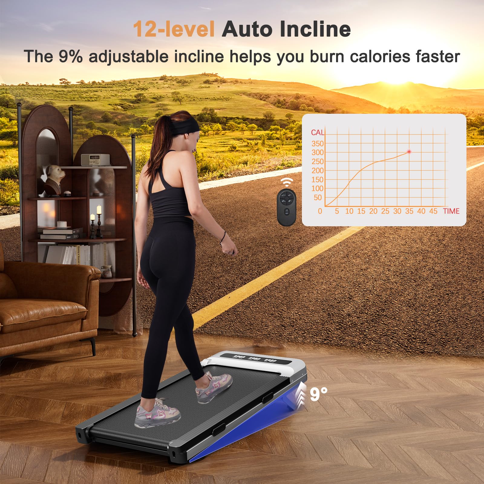 Lacuffy Walking Pad With 9% Auto Incline, 3.0Hp Under Desk Treadmill With Remote Control & App, Portable Walking Pad 300 Lbs Cap