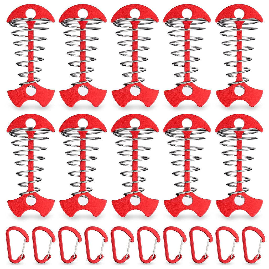 Tobwolf 10Pcs Red Deck Anchor Pegs With Carabiners, Windproof Aluminum Deck Tie Down Spring Tent Stakes, Camping Outdoor Fishbon