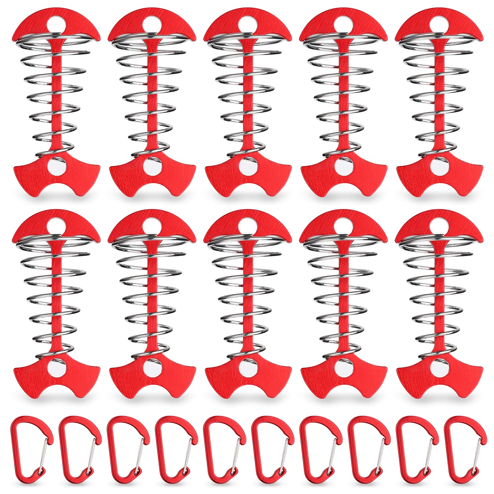 Tobwolf 10Pcs Red Deck Anchor Pegs With Carabiners, Windproof Aluminum Deck Tie Down Spring Tent Stakes, Camping Outdoor Fishbon