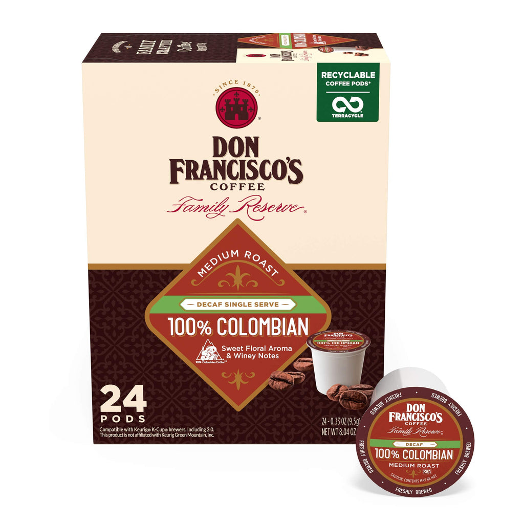 Don Franciscos Decaf 100 Colombia Supremo Medium Roast Coffee Pods - 24 Count - Recyclable Single-Serve Coffee Pods, Compatible