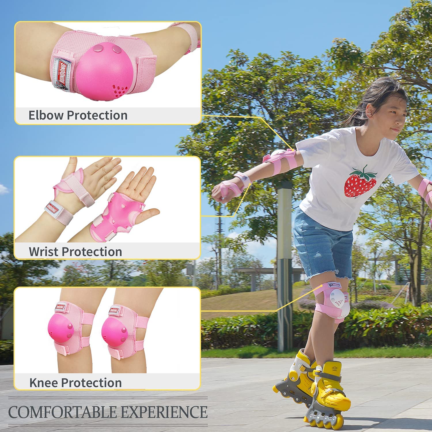 Sohour Home Knee Pads Kids Elbow Pads Wrist Guards Set Child Protective Gear Set, For 3-15 Years Child Roller Skates, Cycling, B