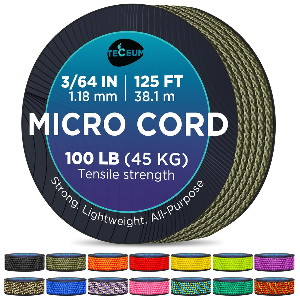 Teceum Micro Paracord - Army Green - 1.18 Mm X 125 Ft - Micro Utility Cord - Thin Braided Paracord Rope Nylon Polyester - Wind C