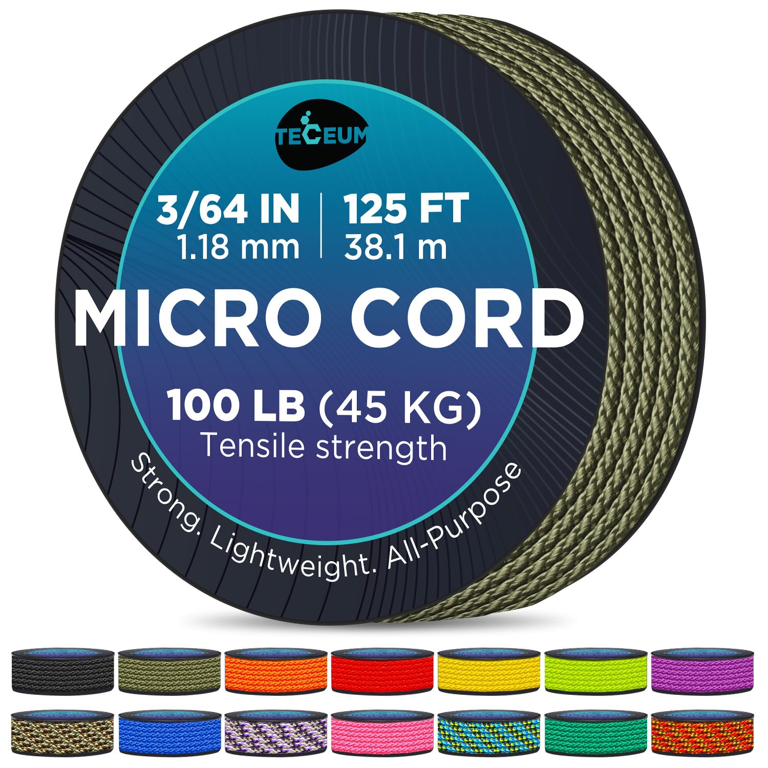 Teceum Micro Paracord - Army Green - 1.18 Mm X 125 Ft - Micro Utility Cord - Thin Braided Paracord Rope Nylon Polyester - Wind C