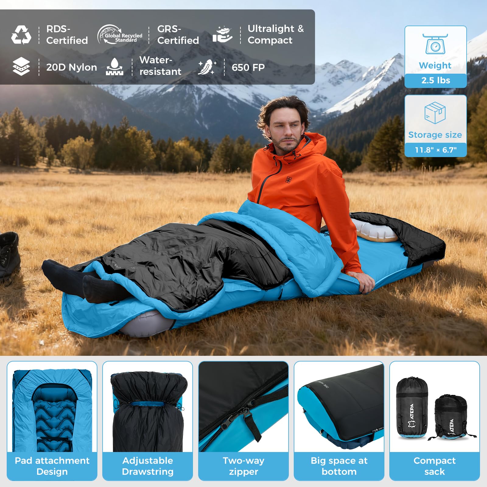 Atepa Bulwark 300 50? Down Sleeping Bag For Adults, 650Fp Recycled Ultralight 3 Season Compact Sleeping Bags With Compression Sa