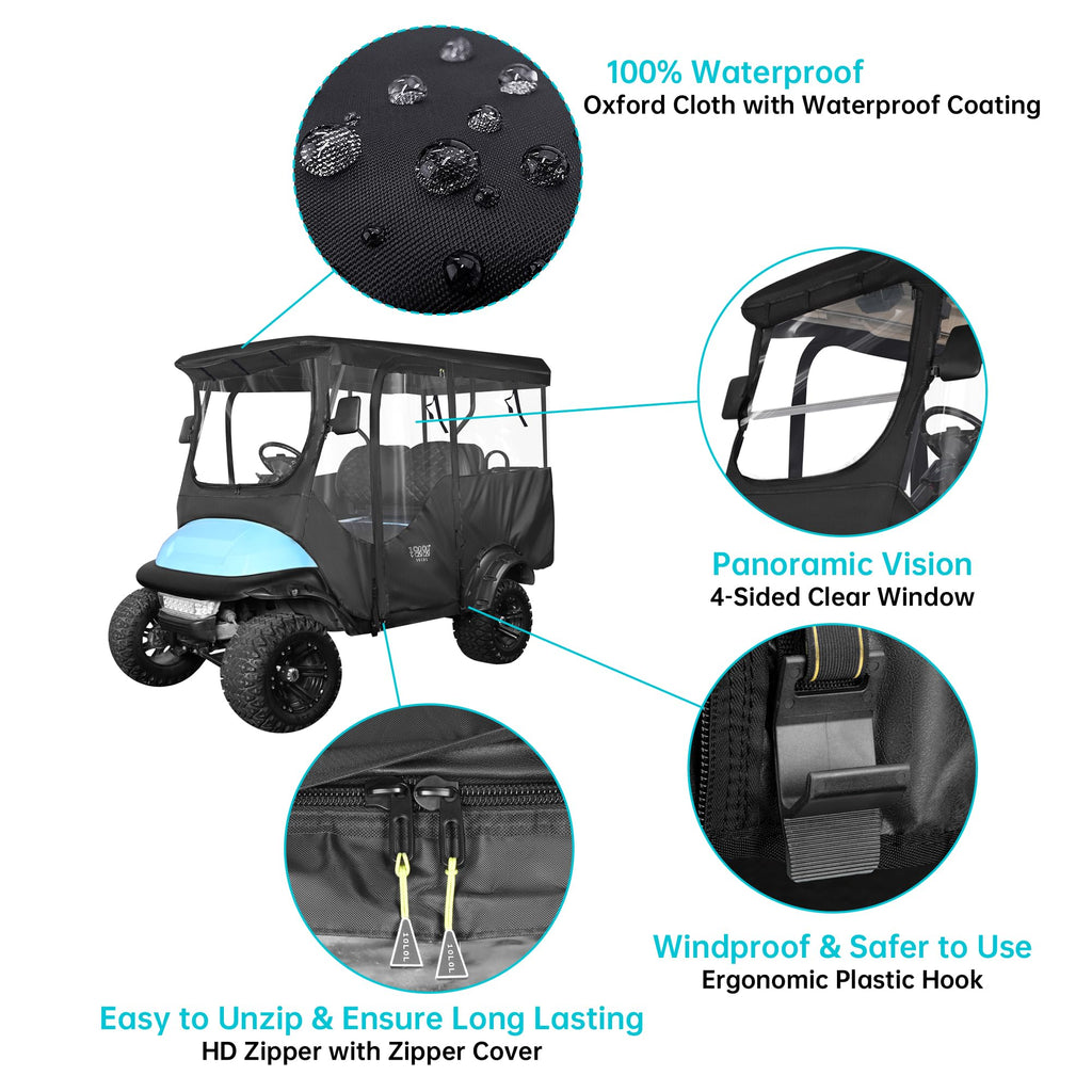 10L0L 4 Passenger Golf Cart Driving Enclosure For Club Car Precedent With Extended Roof Up To 81'', 4-Sided Clear Window 420D Ra