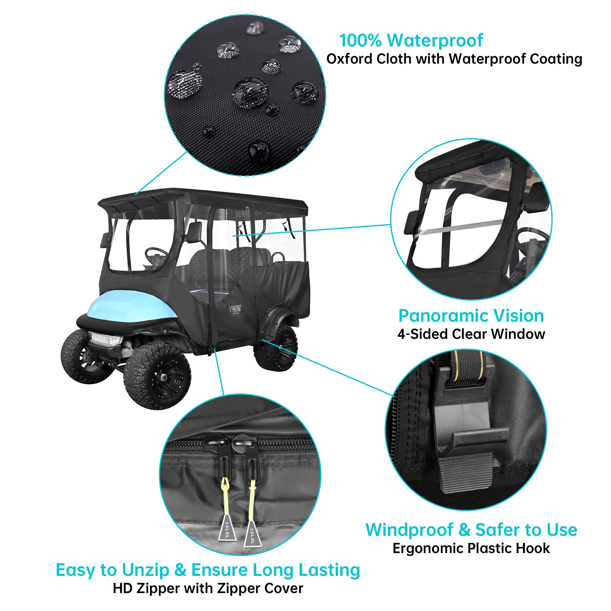 10L0L 4 Passenger Golf Cart Driving Enclosure For Club Car Precedent With Extended Roof Up To 81'', 4-Sided Clear Window 420D Ra