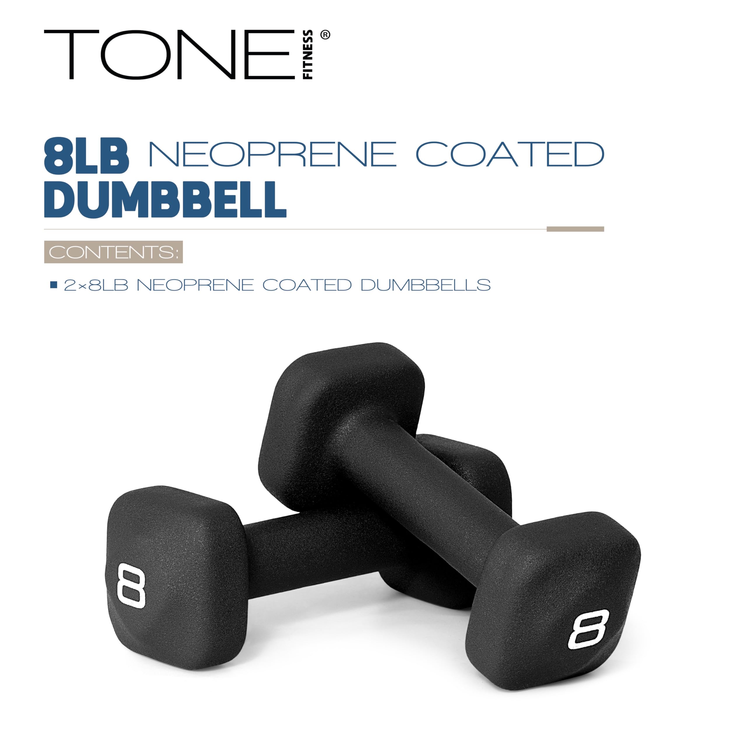 Tone Fitness 8 lb Neoprene Dumbbell Pair for Home Workouts - Non-Slip Design - Black