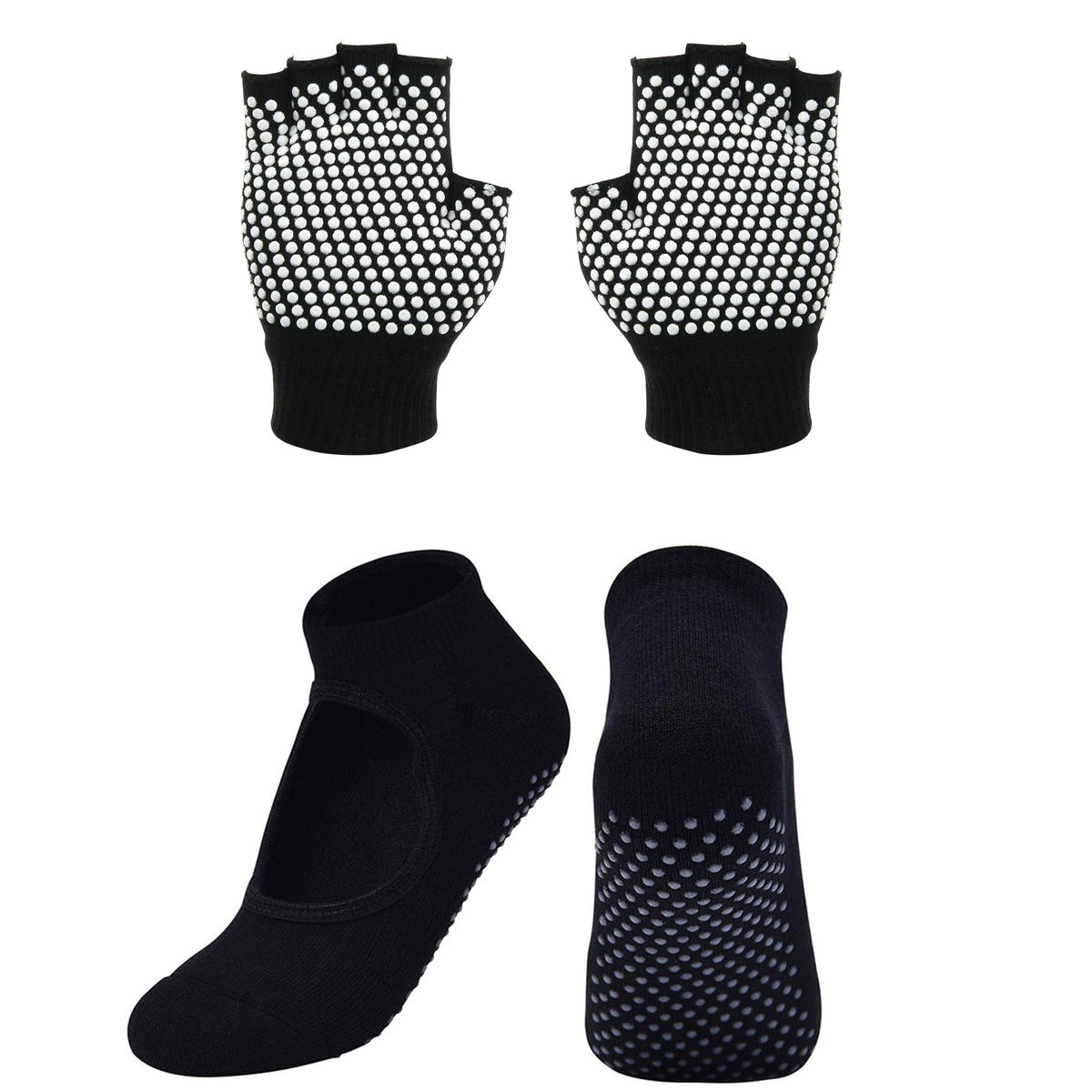 Cosmos NonSlip Yoga Gloves And Socks Set Pilates Socks & Gloves Set For Women, Barre, Ballet, Bikram Training & Workouts (Black