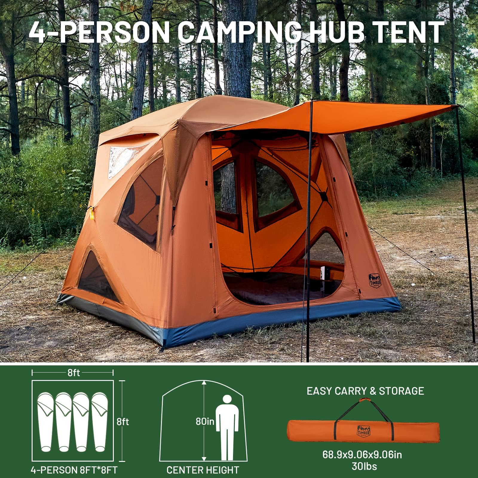 Timber Ridge Instant Pop Up Hub Tent, 4 Person Portable Weather Resistant Camping Tent, 60 Second Set-Up, Easy Up Tents With Rai