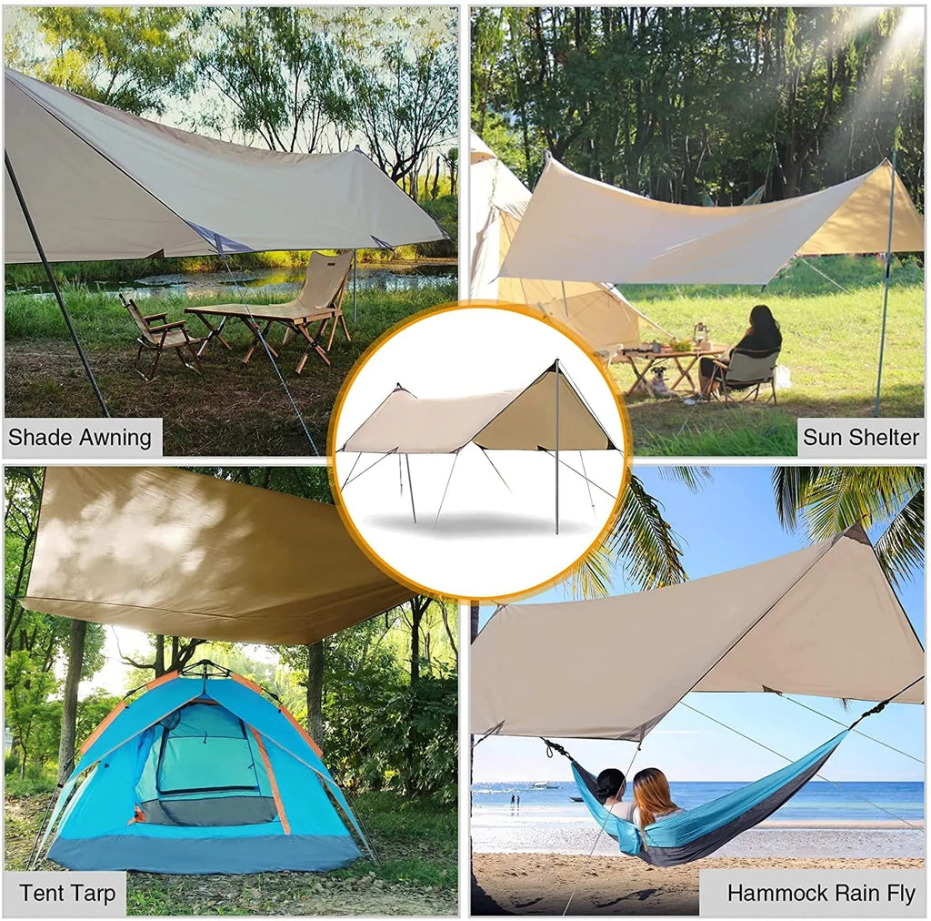 Yuewo 15?10Ft Camping Tarp With 2 * 7Ft Poles, Waterproof & Lightweight Tent Tarp, Rain Fly Sun Shelter, 210D Oxford Upf50+ Shel