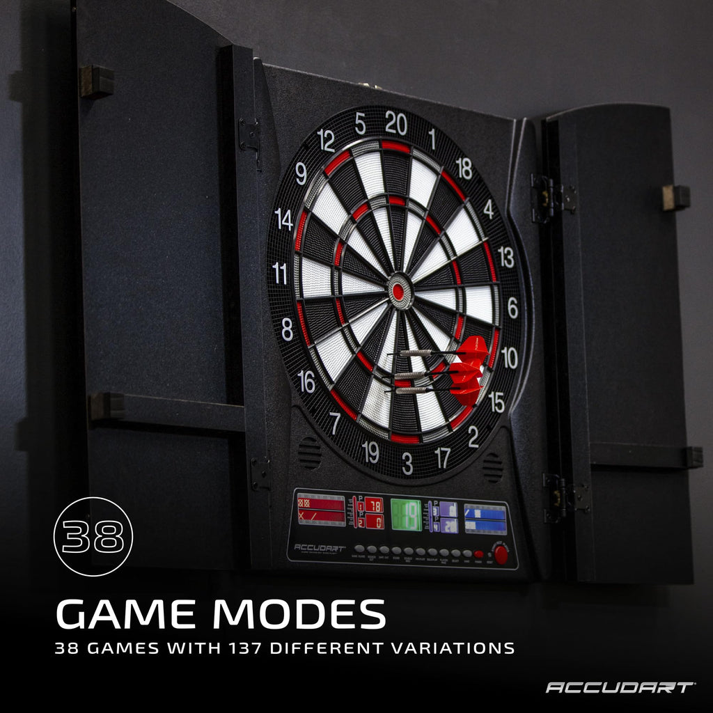 Accudart Apollo Electronic Dartboard Cabinet - 38 Game Modes - 137 Game Variations - Advanced Features - Colorful Backlit Scorin