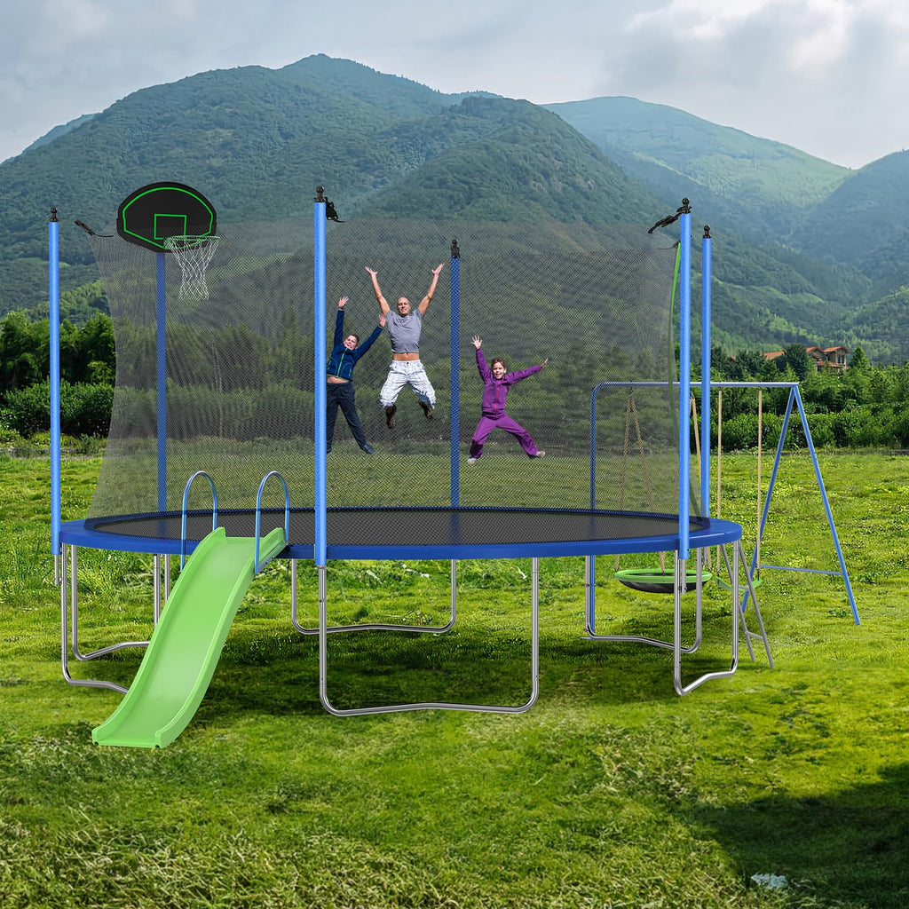 Lyromix 14FT Trampoline with Slide and Swings, Large Outdoor Trampoline with Basketball Hoop, Ladder, Light and Net, Capacity fo