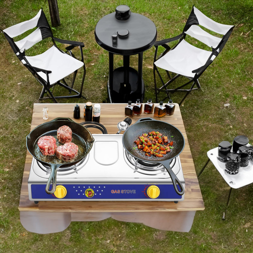 Vivicreate 25000 Btu 2 Burner Stainless Steel Panel Auto Ignition Camping Propane Gas Outdoor Garden Garden Fishing Hiking Camp