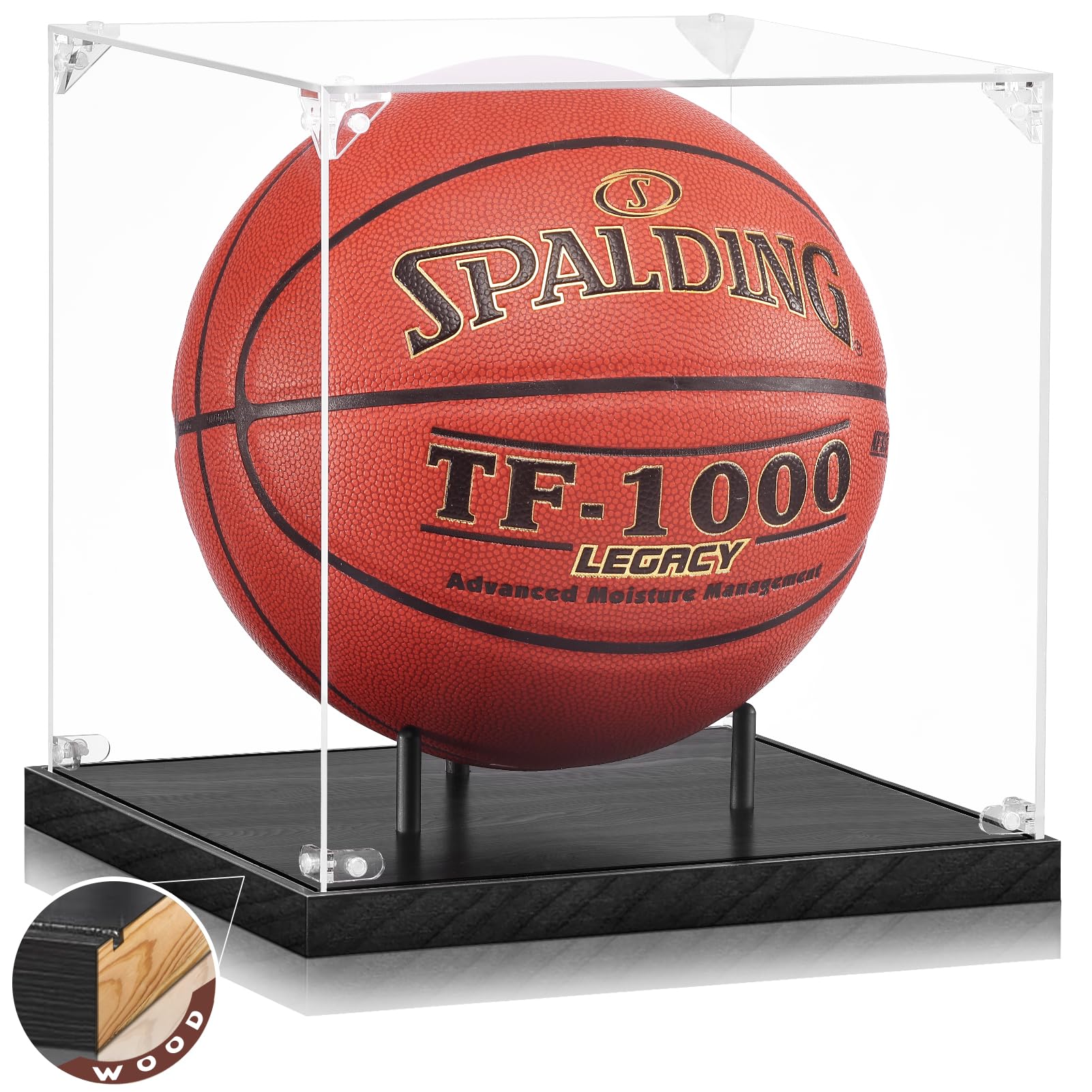Jupdec Basketball Display Case Acrylic Clear 10'' Full Size With Solid Wood Base, Uv Protected Soccer Display Stand Box For Auto