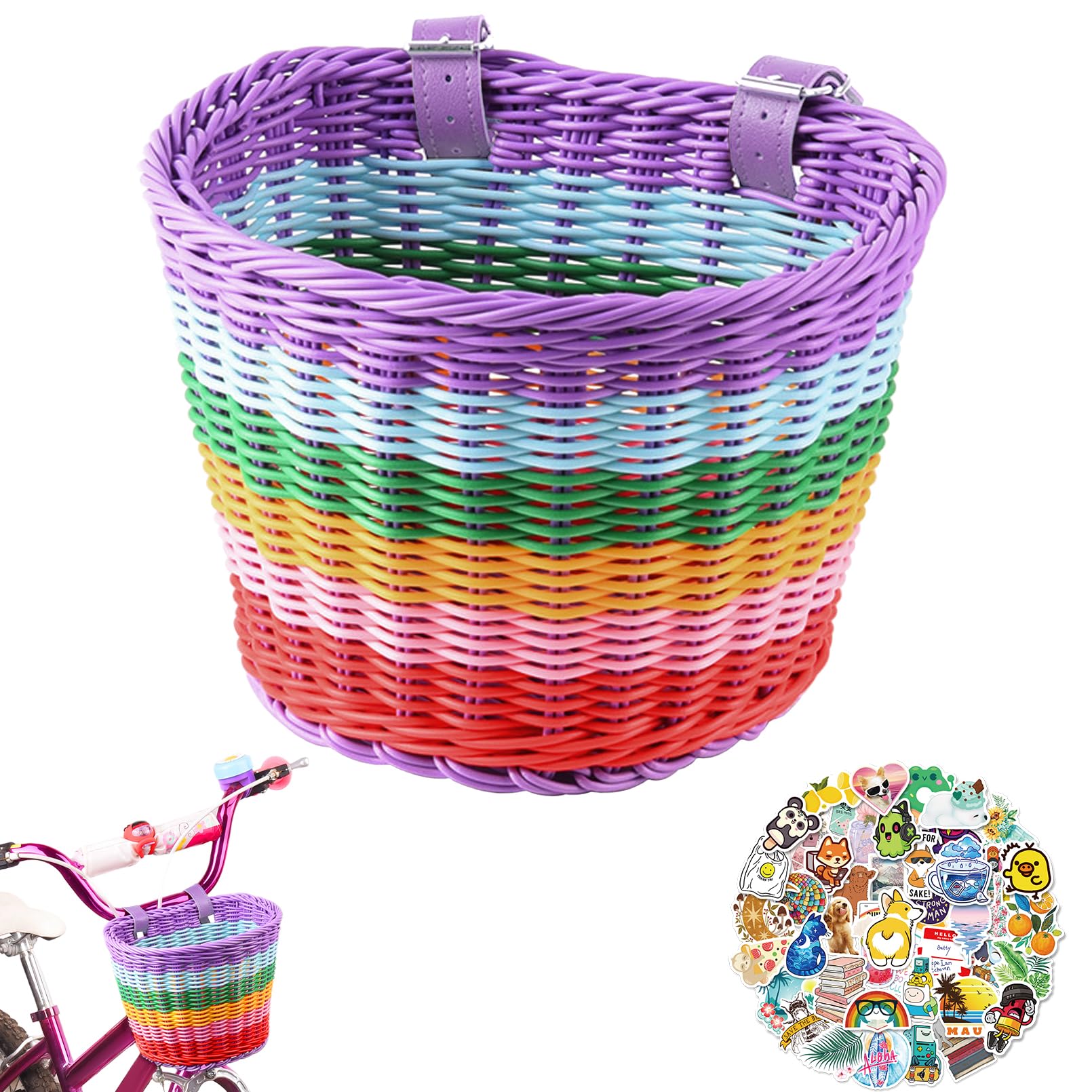 Kids Bike Basket Front,Hand-Woven Rainbow-Color Boys Girls Front Bicycle Basket