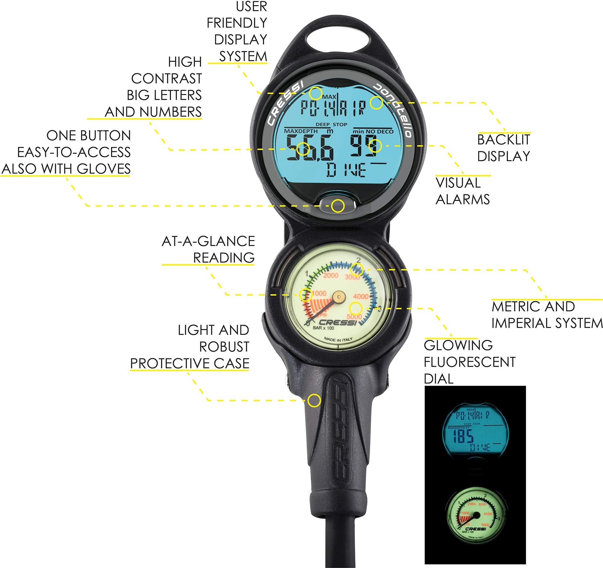 Cressi Scuba Diving Console For Beginners - 4-Dive Modes: Air  Nitrox  Gauge  Free - Long Battery Life - Strong Backlit Display