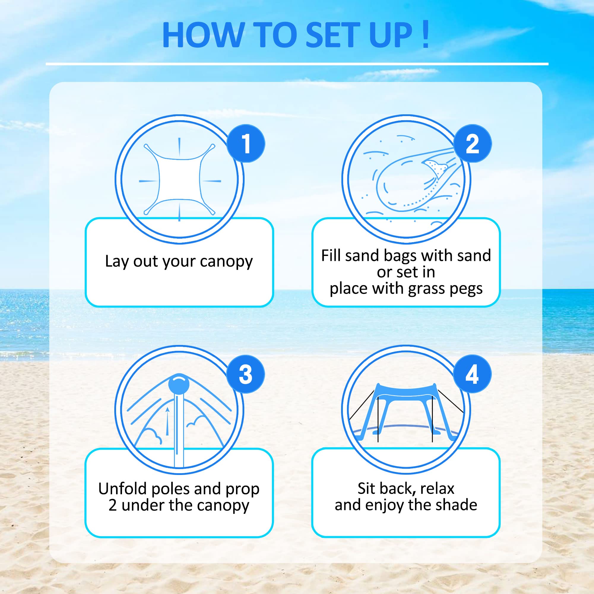 Beach Canopy Tent Sun Shade With Upf 50+ Uv Protection, Beach Tent Sun Shelter With Sandbags, Poles And Ground Pegs And Anti-Win