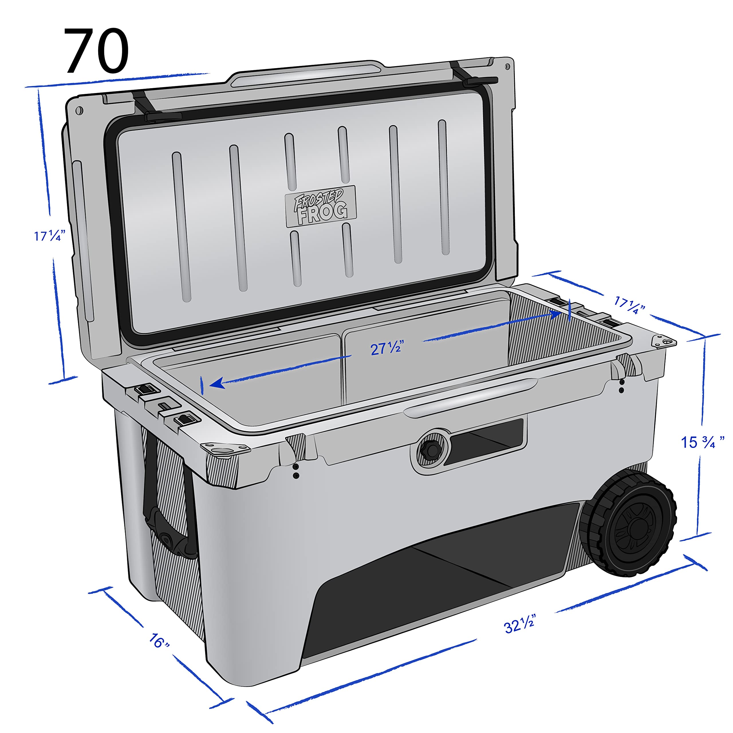 Frosted Frog Original Gray 70 Quart Ice Chest Heavy Duty High Performance Roto-Molded Commercial Grade Insulated Cooler With Whe