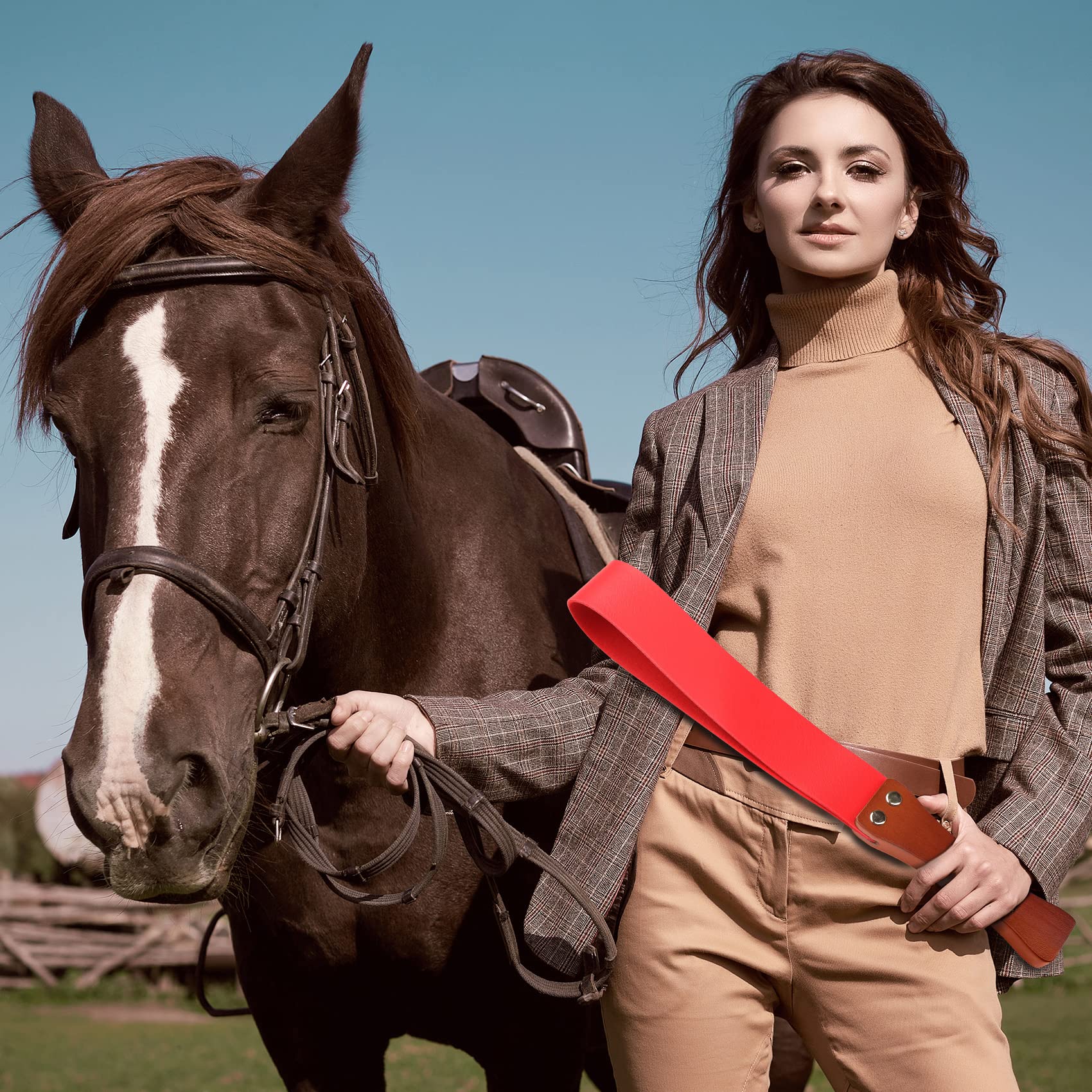 Barpot Leather Paddle With Anti-Slip Wooden Handle, Riding Crops For Horses, 19'' Equestrianism Crops (Red)