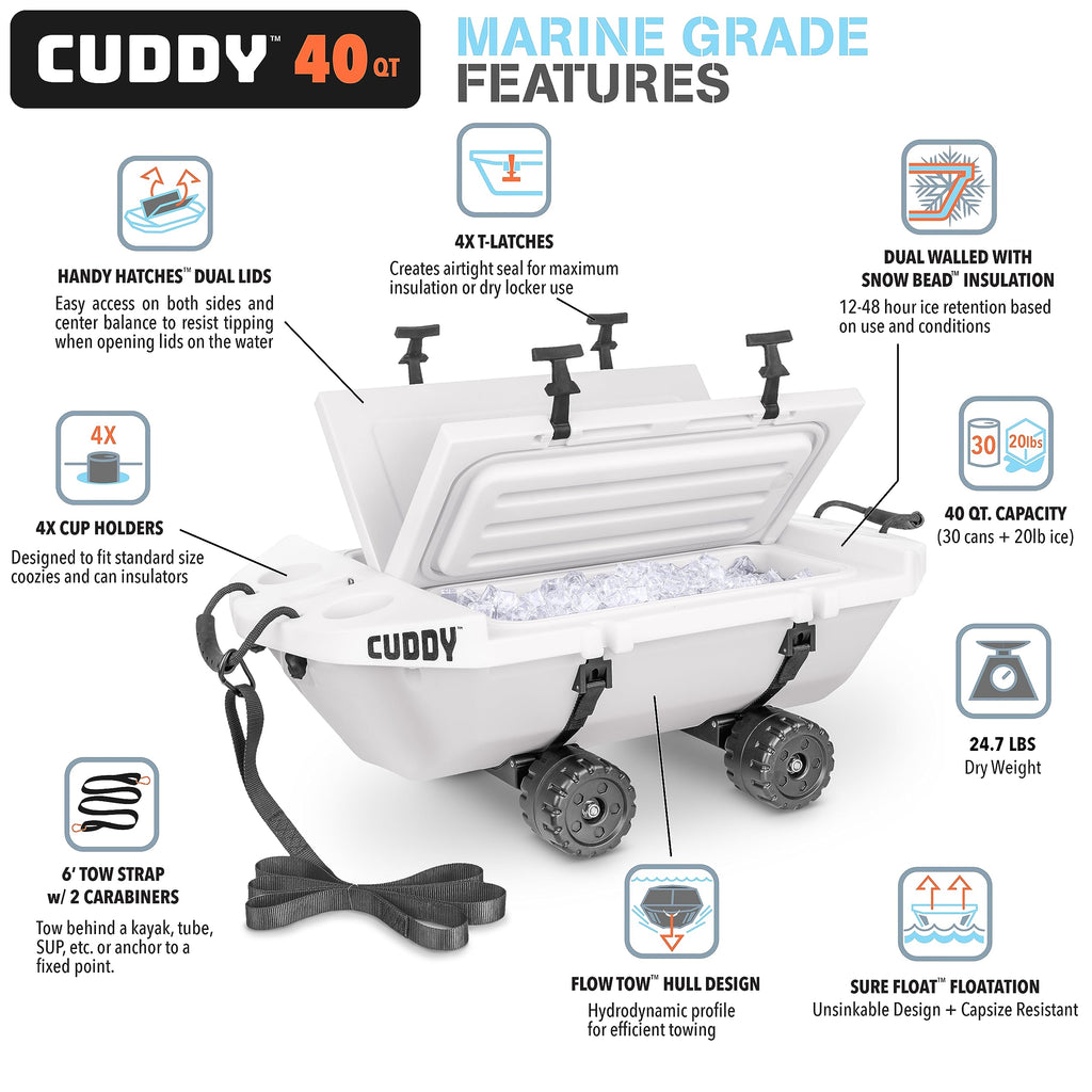 Cuddy Crawler Cooler with Wheels - 40 QT Amphibious Floating Cooler and Dry Storage Vessel - White
