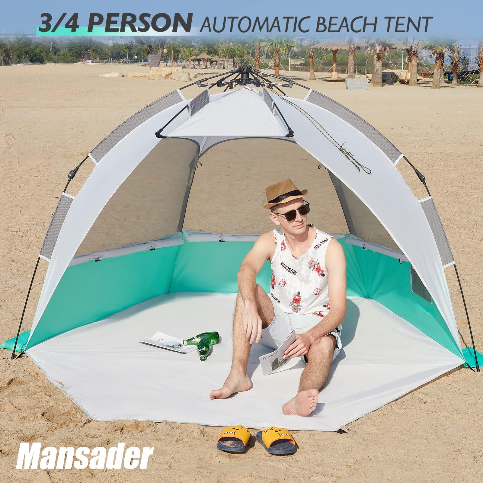 Mansader 2-3 Person Large Instant Pop Up Beach Tent, Uv Protection Portable Easy Setup Sun Shade Shelter, Extended Floor With 3