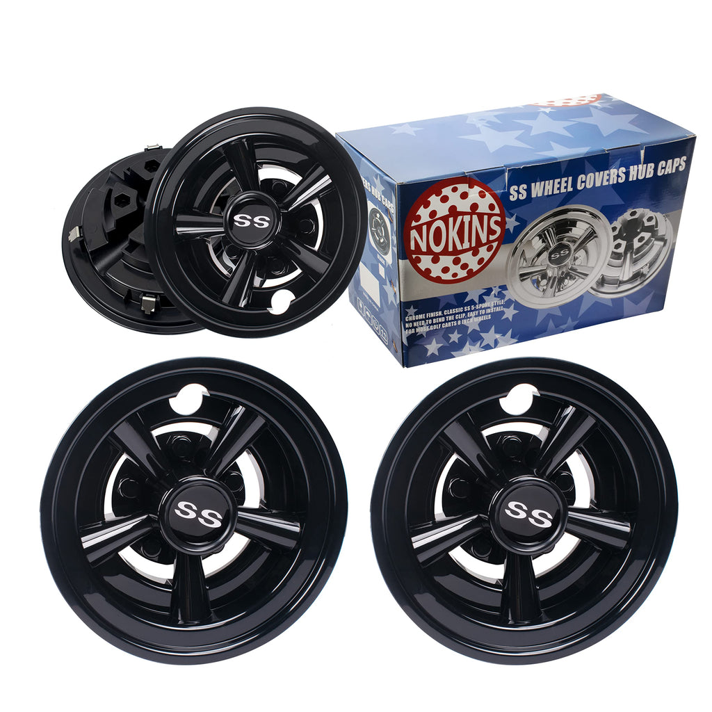 Nokins Golf Cart Ss Wheel Covers Hub Caps For Most Golf Carts 8 Inch(Set Of 4) Chrome Finish, Classic Ss 5-Spoke Style (Black)